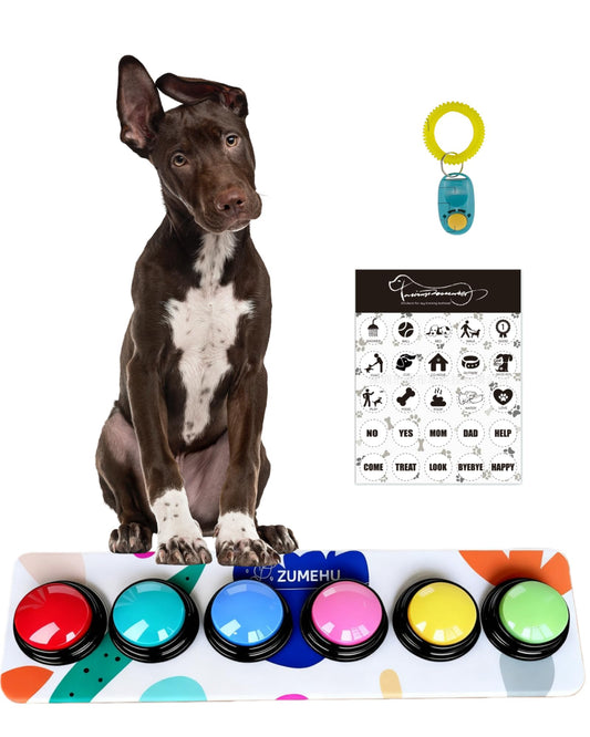 ZUMEHU Dog Talking Buttons, 6 Colors Dog Buttons for Communication with Training Clicker & 25 Stickers, Recordable Buttons to Help Your Dog Talk, Pet Training Starter Set for Puppy, Cats and Dogs