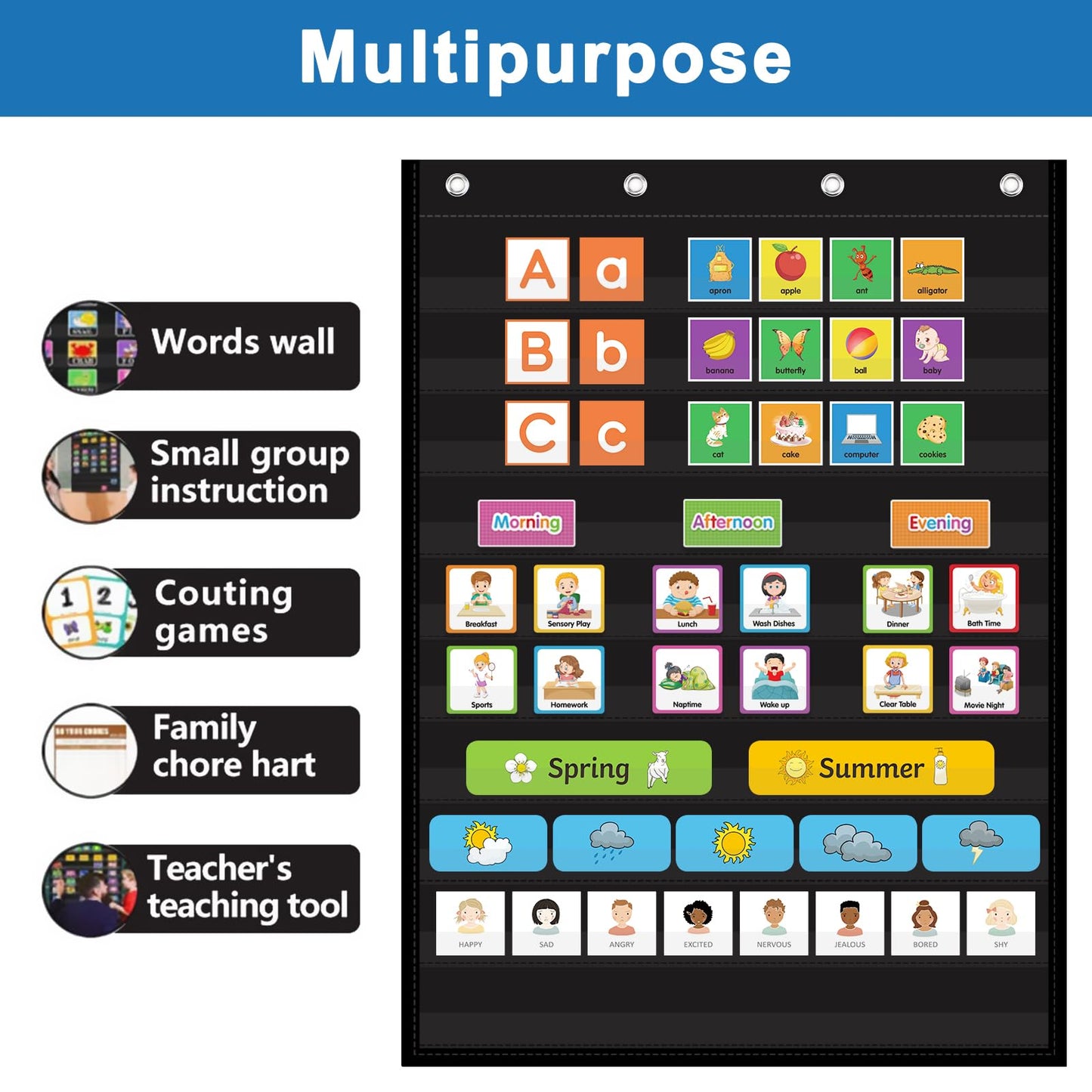 AUVCAS Standard Pocket Chart for Classroom & Homeschool, Heavy Duty Hanging 10-Pocket Chart for Word Wall/Letter Cards/Sentence Strips, Teacher Supplies, 43" H x 28" W, Black