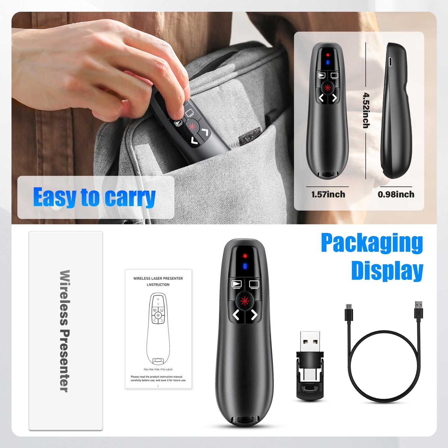 2-in-1 USB Type C Presentation Clicker, Clicker for PowerPoint Presentations, Rechargeable Wireless Presenter Remote, RF 2.4GHz USB PowerPoint Clicker Slide Advancer with Volume Control