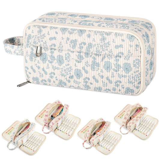 ARUICO Cute Corduroy Pencil Case Pouch with Convenient Handle,Extra Large 4 Compartments Multiple Pockets Markers Crayons Storage Organizer,Stylish Pen Case for Teen Girls College (Blue Flower)