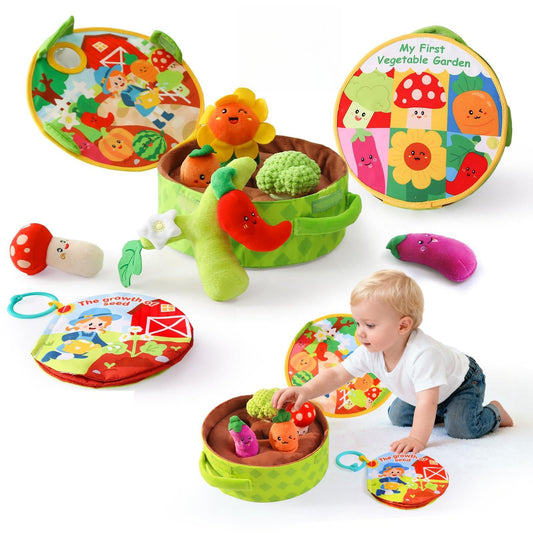 Montessori Toys for Babies 6-12 Months, Plush Vegetable Garden Sensory Sorting Toy with Storage Base, Soft Plush Farm Harvest Game for Fine Motor Skills, Perfect Baby Boys Girls Gift 0-2 Year Old