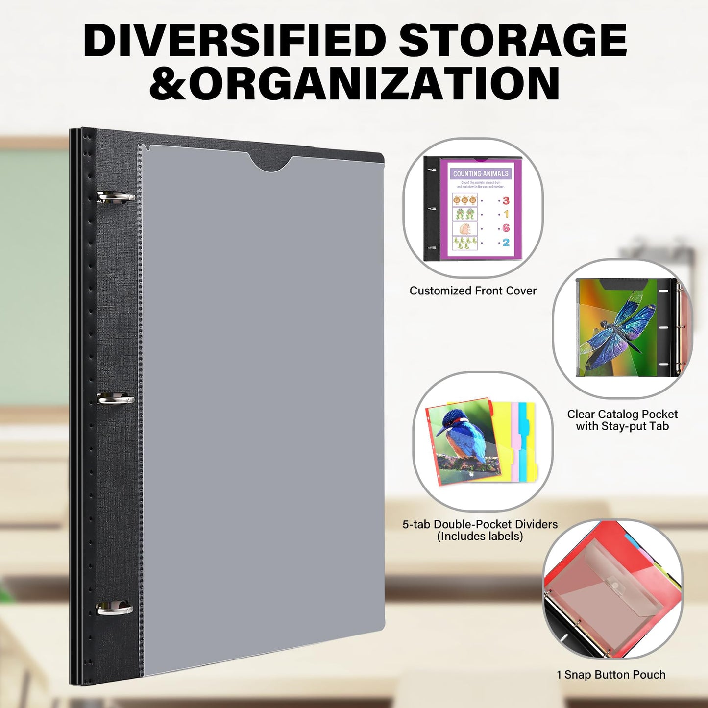 WOT I Telescoping Project Organizer, Refillable Binder with Dividers and Pockets, 13 Pocket Folders, 1 Inch 3 Ring Binder, Black