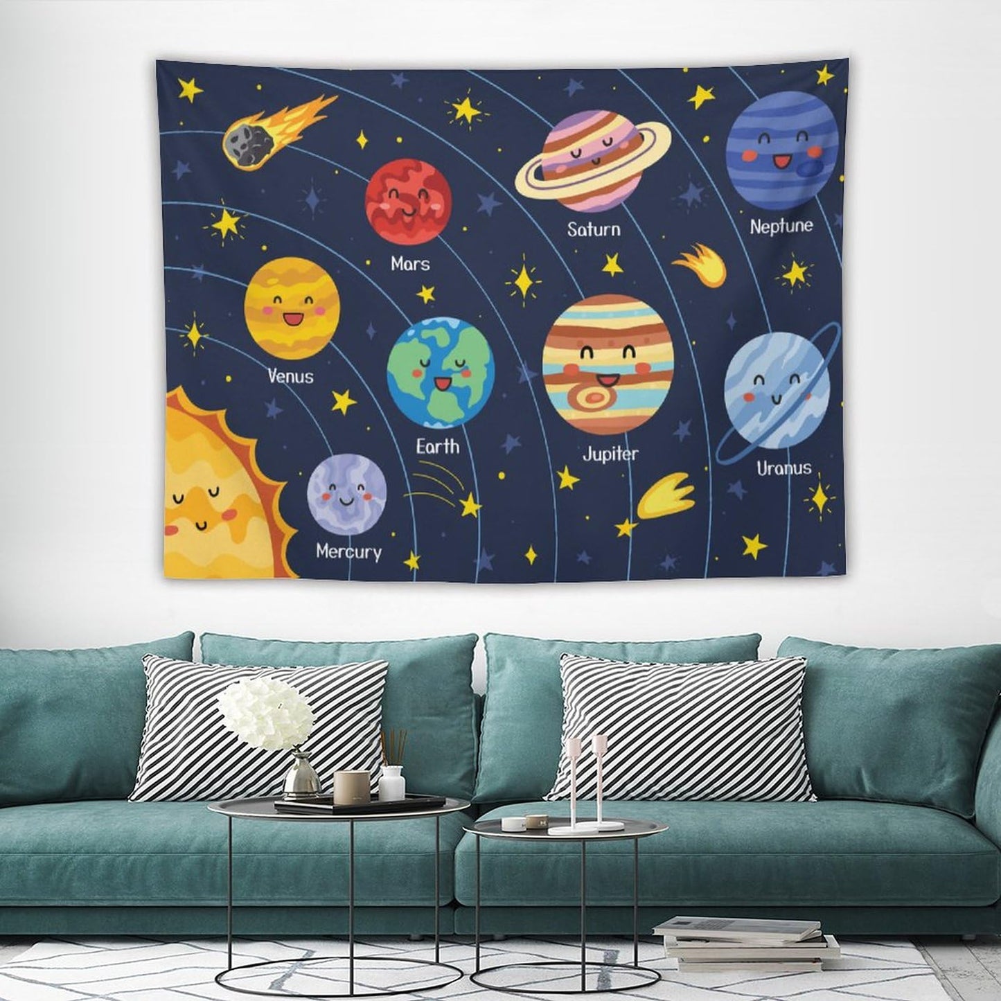 DDCBNS Cartoon Solar System Tapestry for Kids Boys Girls,Cute Outer Space Planet Universe Galaxy Print Tapestry Wall Hanging Home Décor for Study Bedroom Living Room Nursery 80" x 60"