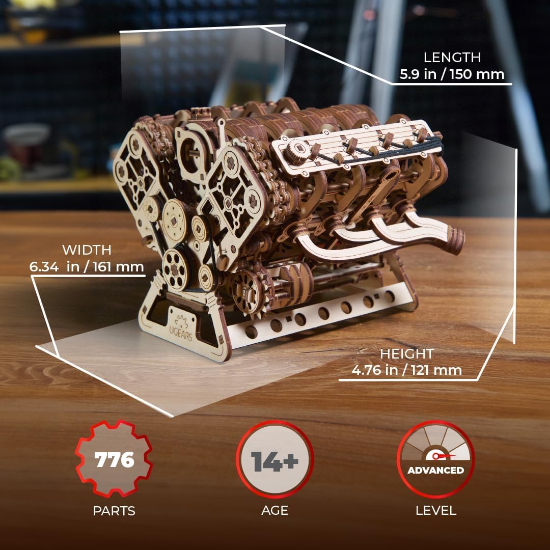 UGEARS V8 Engine Model Kit - 3D Wooden Puzzles for Adults, 3D Puzzle Model Engine Kit, DIY Kits Gifts for Engineers for Fathers Day, Wooden Model Kits for Adults to Build, Brain Teaser Hobby Set