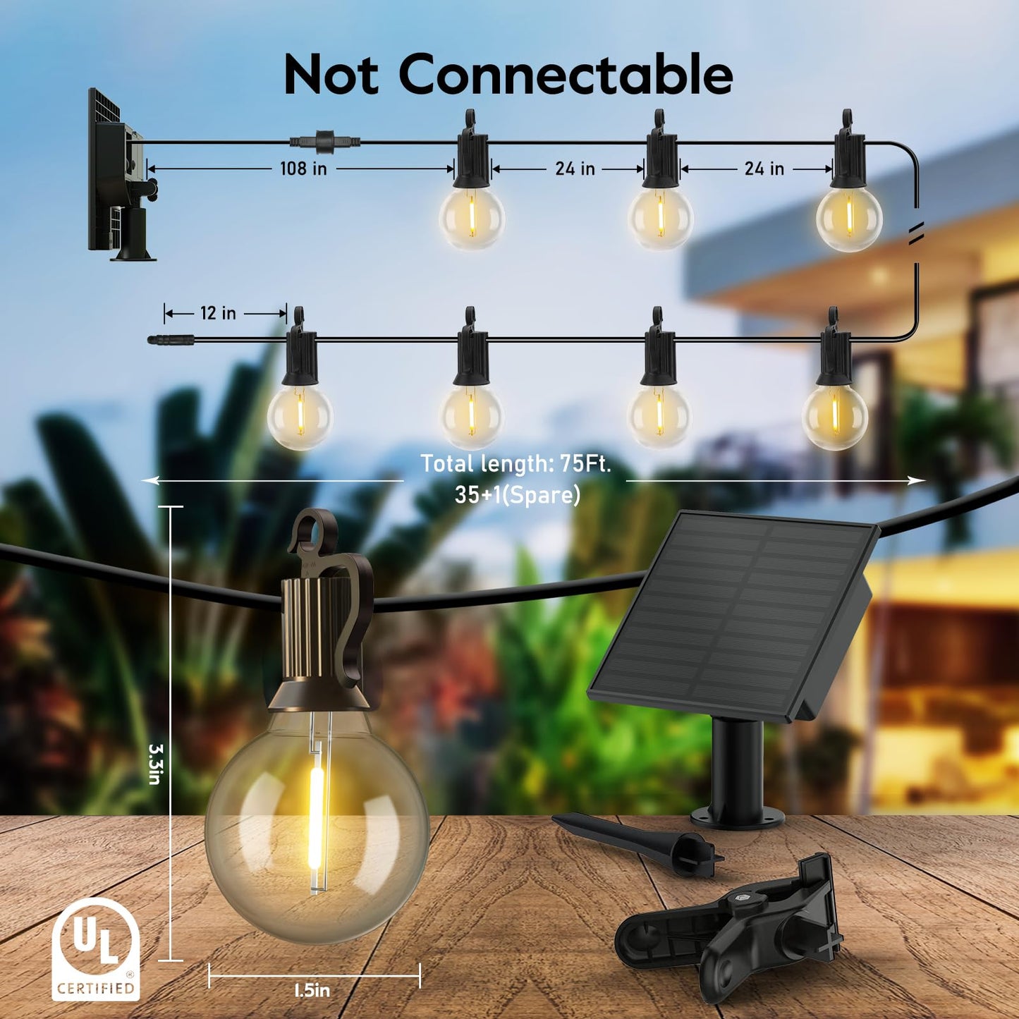 Minetom Solar String Lights 75FT Warm White 35 LED Shatterproof Bulbs Waterproof Outdoor Patio Garden Decor