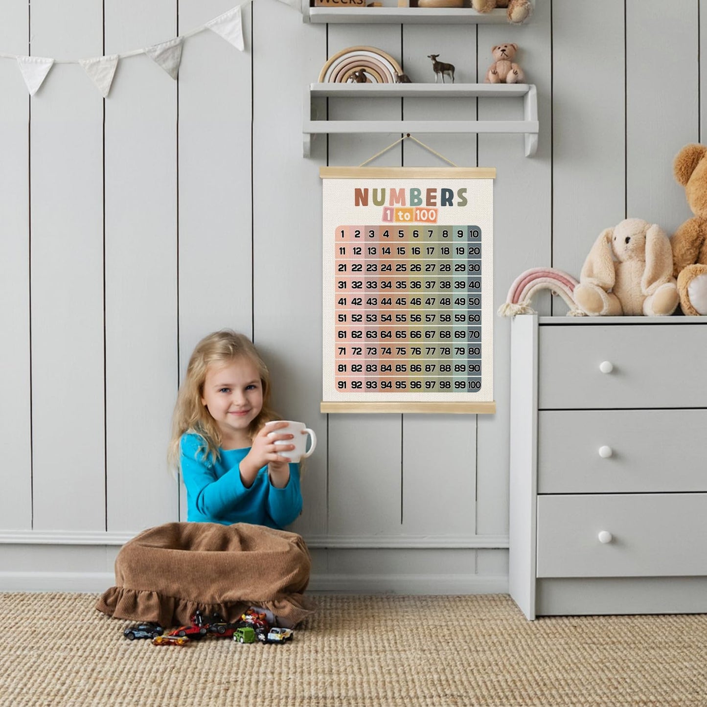 Numbers 1-100 Educational Wall Art Poster,18.5x14In Number Chart Wall Art Decor for 1-6 Toddlers,Boho Count to 100 Learning Posters for Nursery Playroom Preschool,Kids Room Decor,Classroom Must Haves