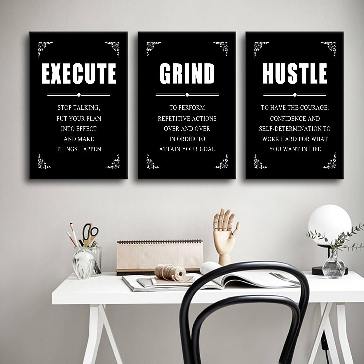 YSPCSUN 3 Panel Inspirational Wall Art for Office Walls Grind Hustle Execute Canvas Art Black and White Motivational Sign Framed Entrepreneur Life Success Quotes Room Decor Large, 48" x 24"