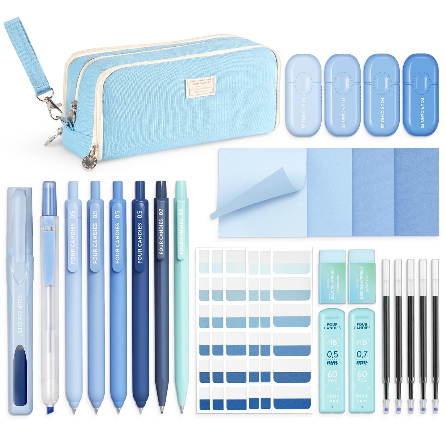 Four Candies Blue Office Supplies, Gel Pens with Black Ink, Correction Tapes,Pastel Highlighters, Mechanical Pencils, Sticky Notes, Index Post for Bible Study Stationary College Essentials