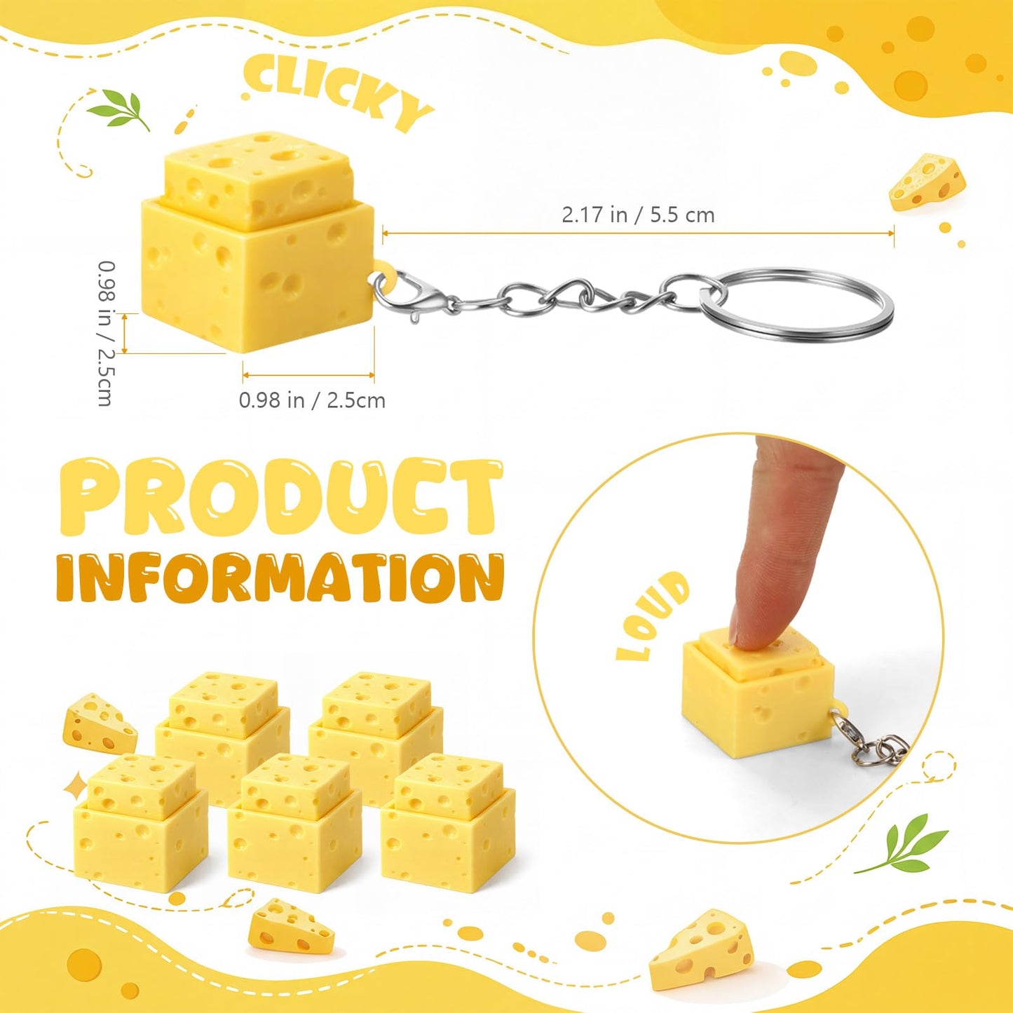 Kenning 12 Pcs Cheese Clicker Fidget Keychain Bulk 3D Printed Clicker Fidget Keyboard Stress Relief Keychain Gifts for Teachers Nurse Employee Coworkers Graduation Party Favors