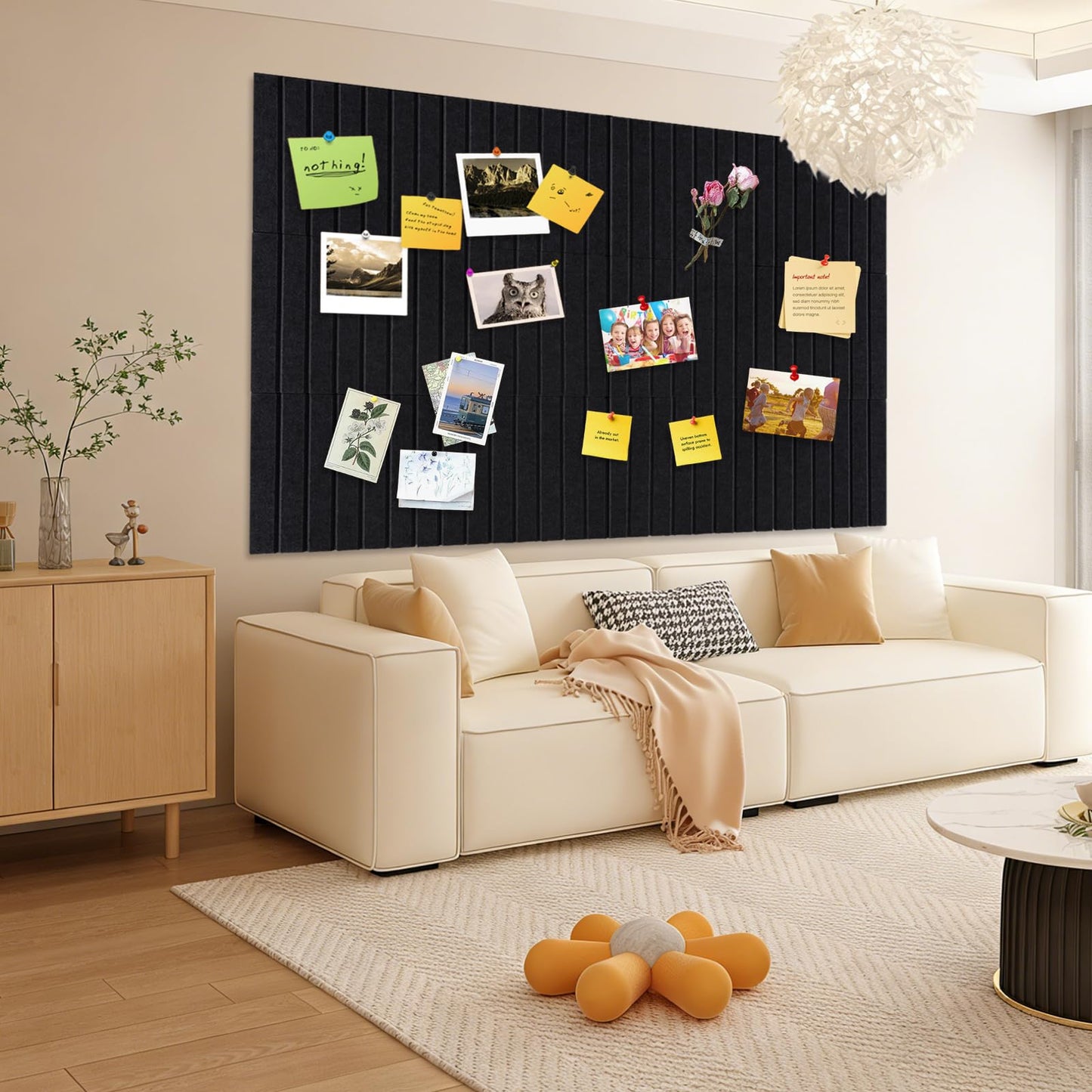 15 Pack Felt Bulletin Board, 35" x 59" Large Black Pinboard with 30 Push Pins, Felt Pin Board, Self-Adhesive Cork Board Tiles for Home, Office Walls, School Classroom Message Photos Display