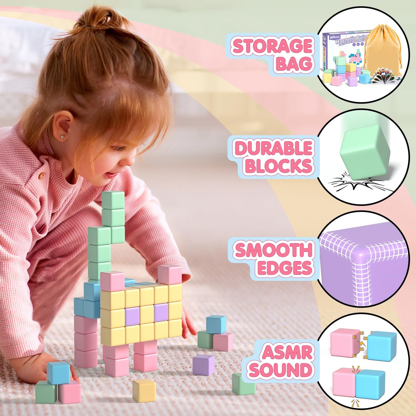 Apluses 104PCS Magnetic Blocks, Essential Creative Learning Toys for Kids | Preschool Montessori Sensory Autism-Friendly Magnet Toys for Boys and Girls Ages 3-6