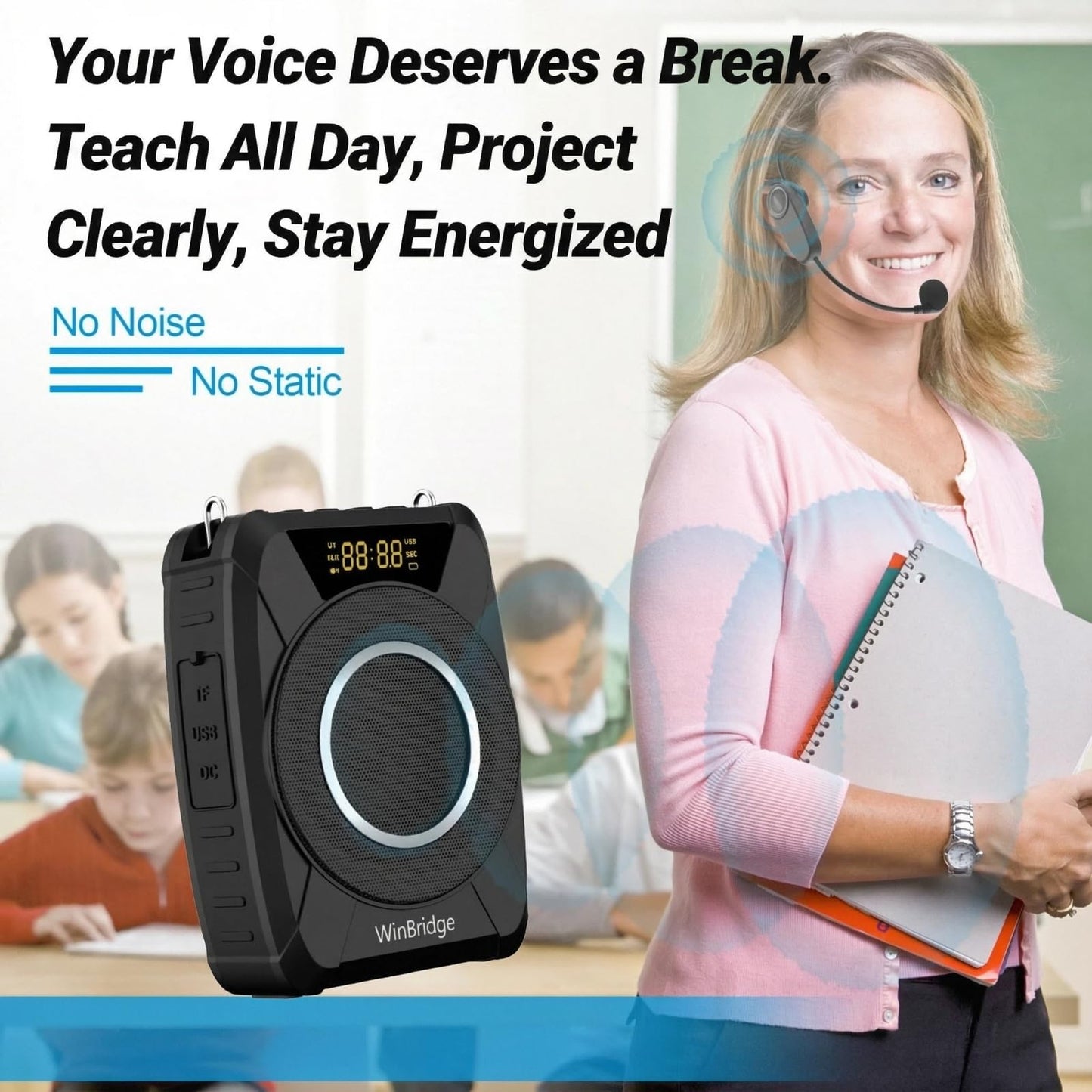 Voice Amplifier Wireless Microphone, 20W Portable PA System with Bluetooth & Headset Mic, Waterproof Portable Microphone and Speaker, Megaphone for Teachers, Classroom, Outdoor Events - M801