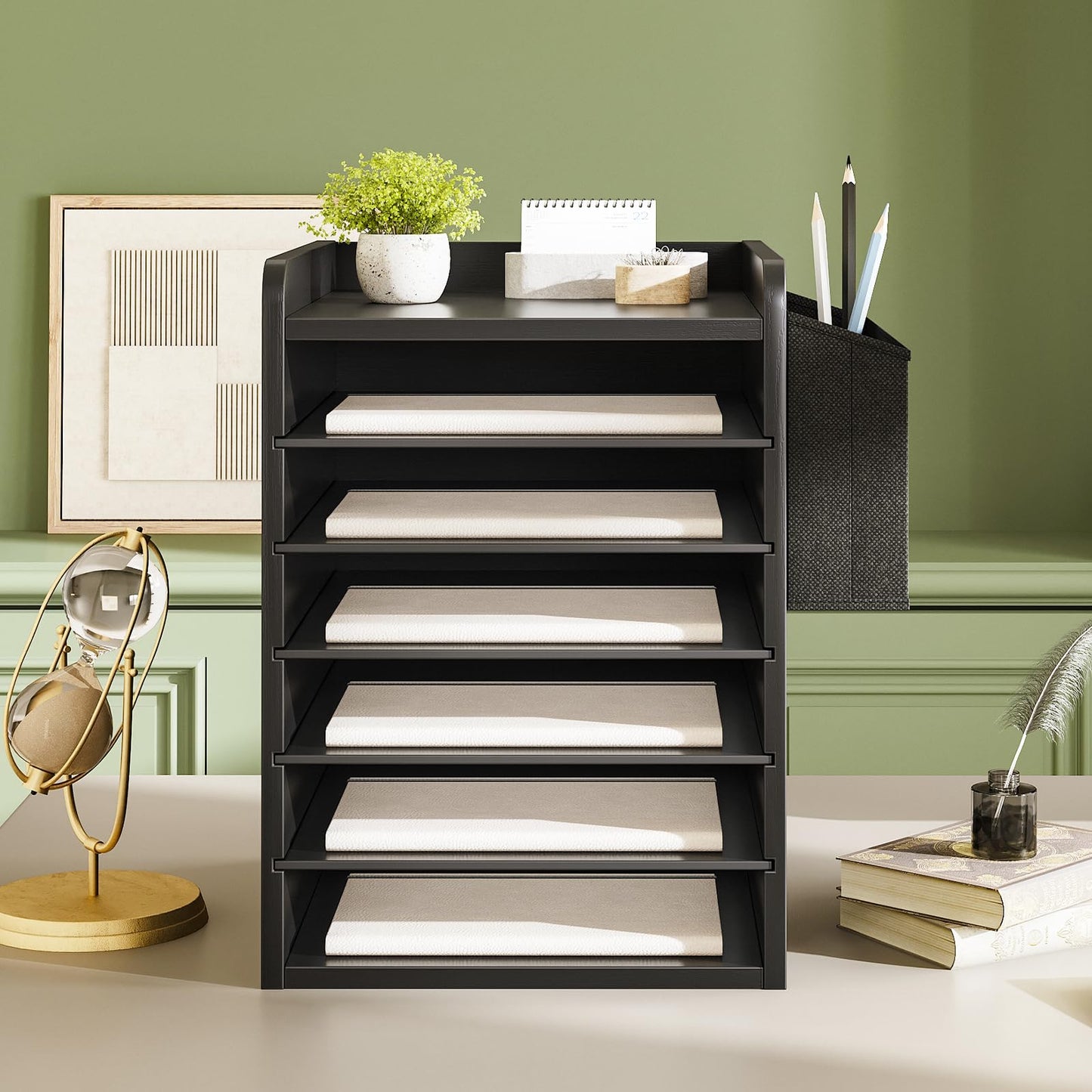 HOOBRO Adjustable Countertop Mail Sorter, 6 Tier Wooden Paper Organizer, Vertical Literature Organizer with Side Storage, Office Mailbox Cubbies, Classroom Mailbox, for Home, Office, Black BB34WF01