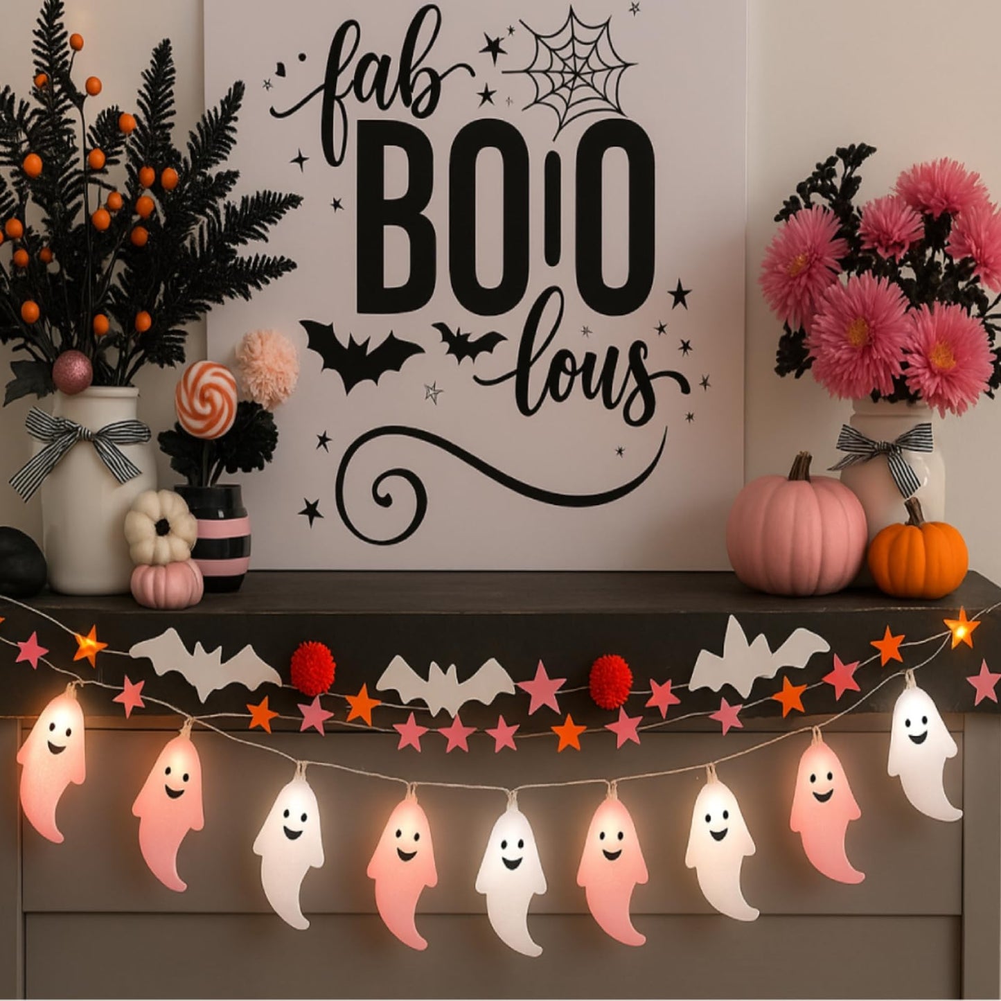 Glooglitter Pink Halloween Ghost Lights String, 6.5 ft, 2 Pcs, Plastic, Cute Indoor/Outdoor Decorations, Model JEI-Glooglitter-1997