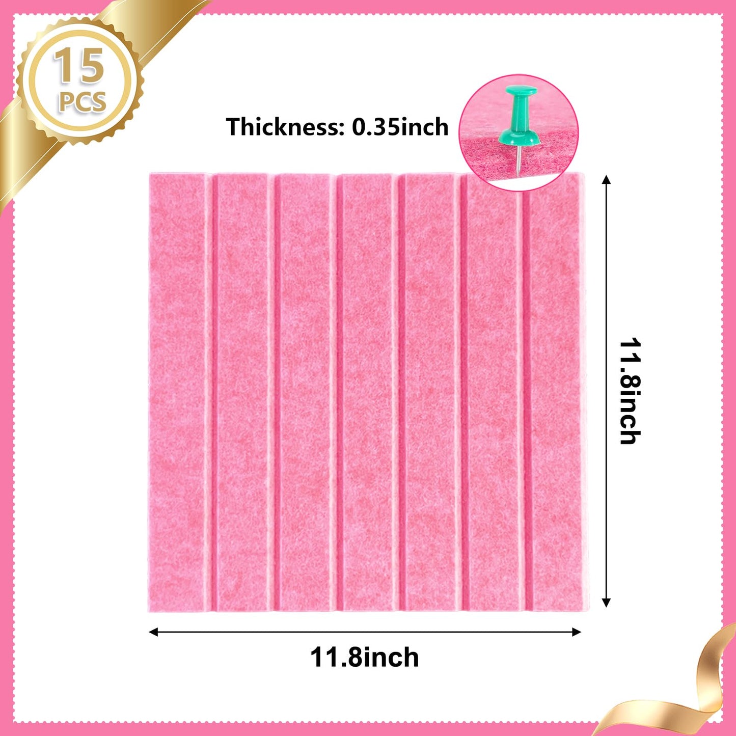 15 Pack Felt Bulletin Board, 35" x 59" Large Pink Pinboard with 30 Push Pins, Felt Pin Board, Self-Adhesive Cork Board Tiles for Home, Office Walls, School Classroom Message Photos Display