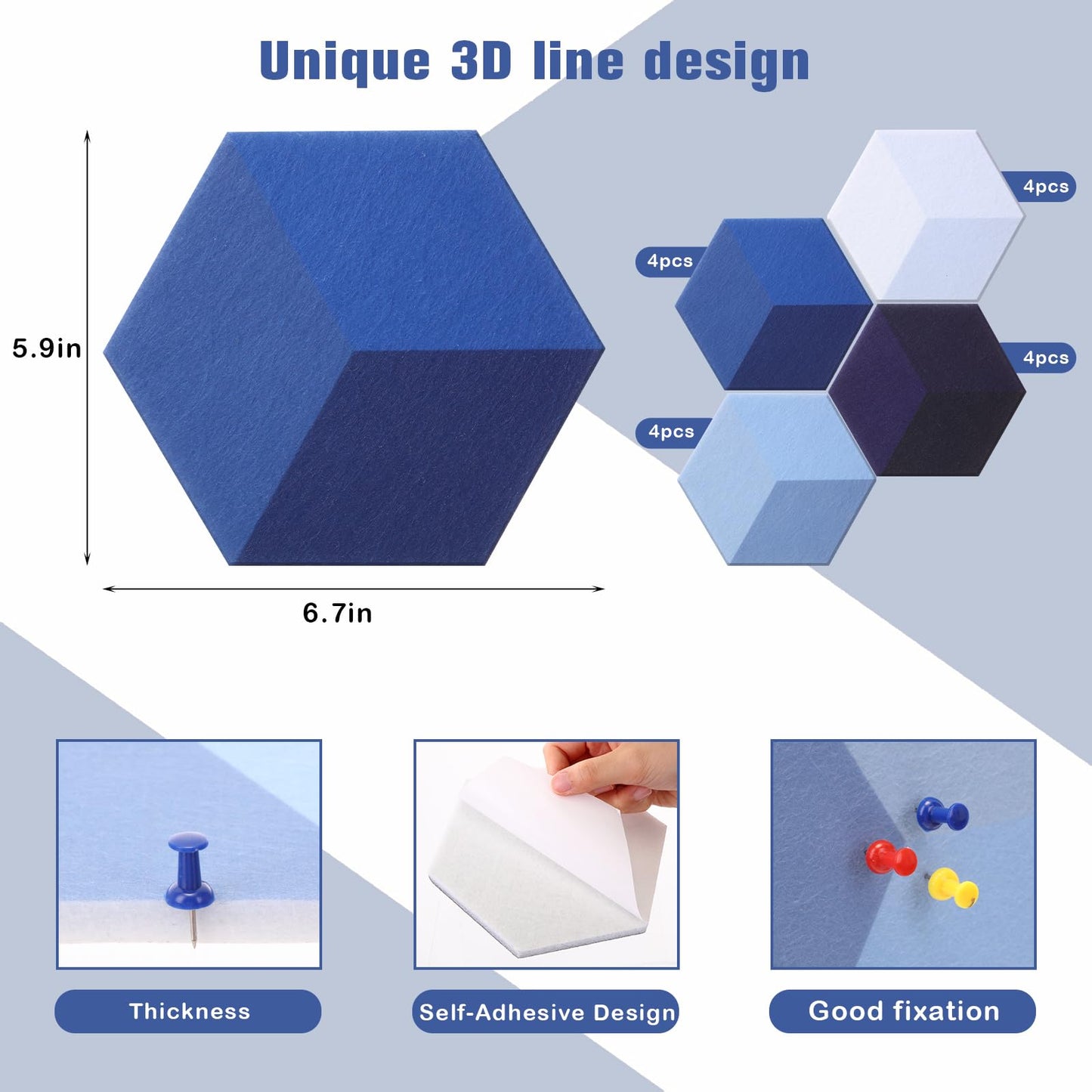 Tegeme Blue 16 Pcs 6.7 x 5.9 Inches Hexagon Felt Cork Board Tiles for Walls Back to School Self Adhesive DIY Hexagon Wall Panels Notice Bulletin Board for Office Home Stickers Photos Display