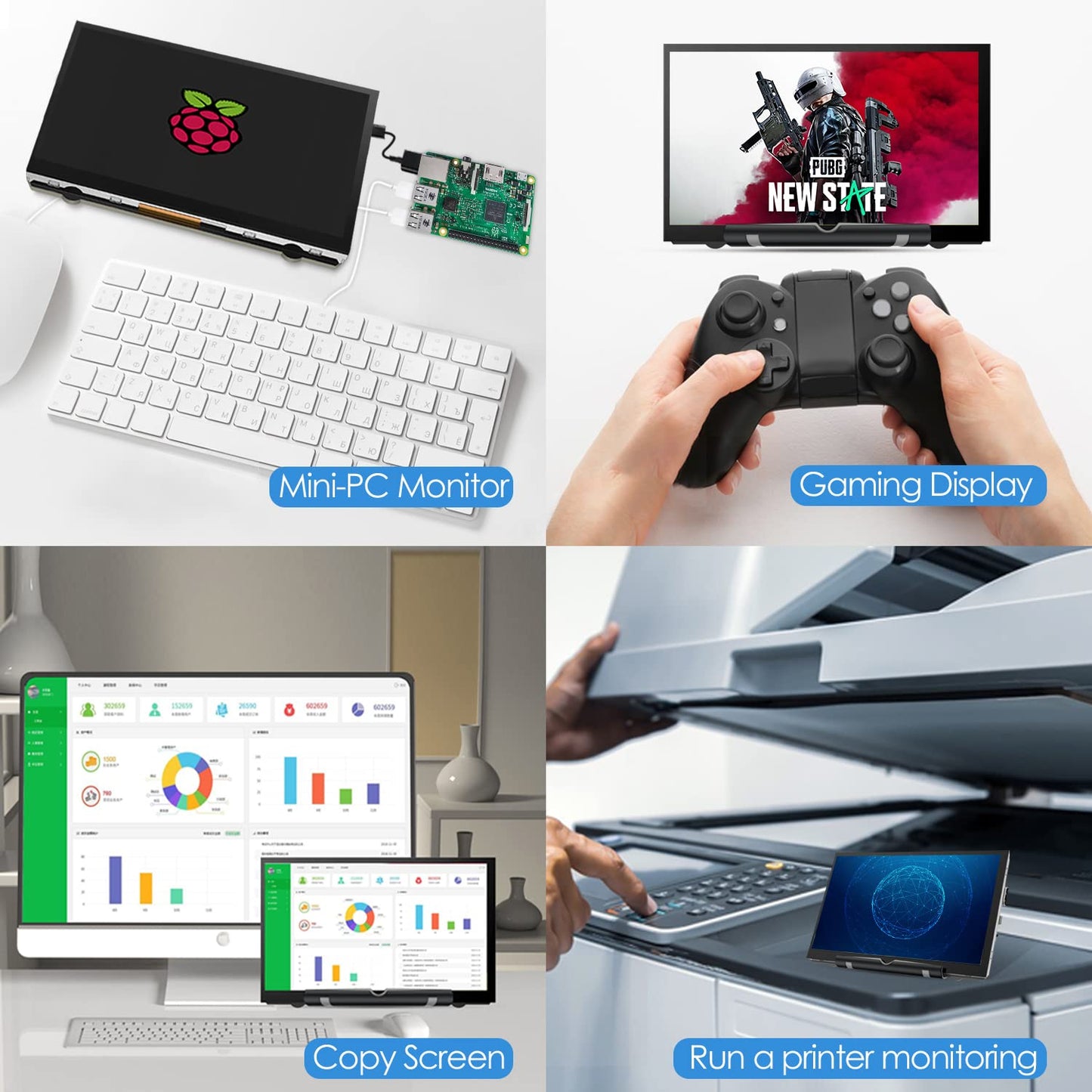 HMTECH 7 Inch Raspberry Pi Screen 800x480 HDMI Portable Monitor IPS LCD Screen Display for Raspberry Pi 5/4/3/2/Zero/B/B+ Win11/10/8/7 (Non-Touch)