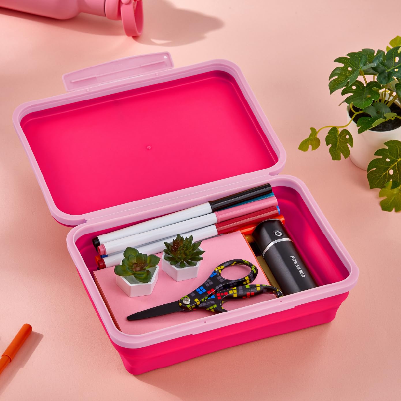 LockerMate by Bostitch Flexi Storage Box with Lid, Collapsible Pencil Case Design for Craft and School Supplies, Pink