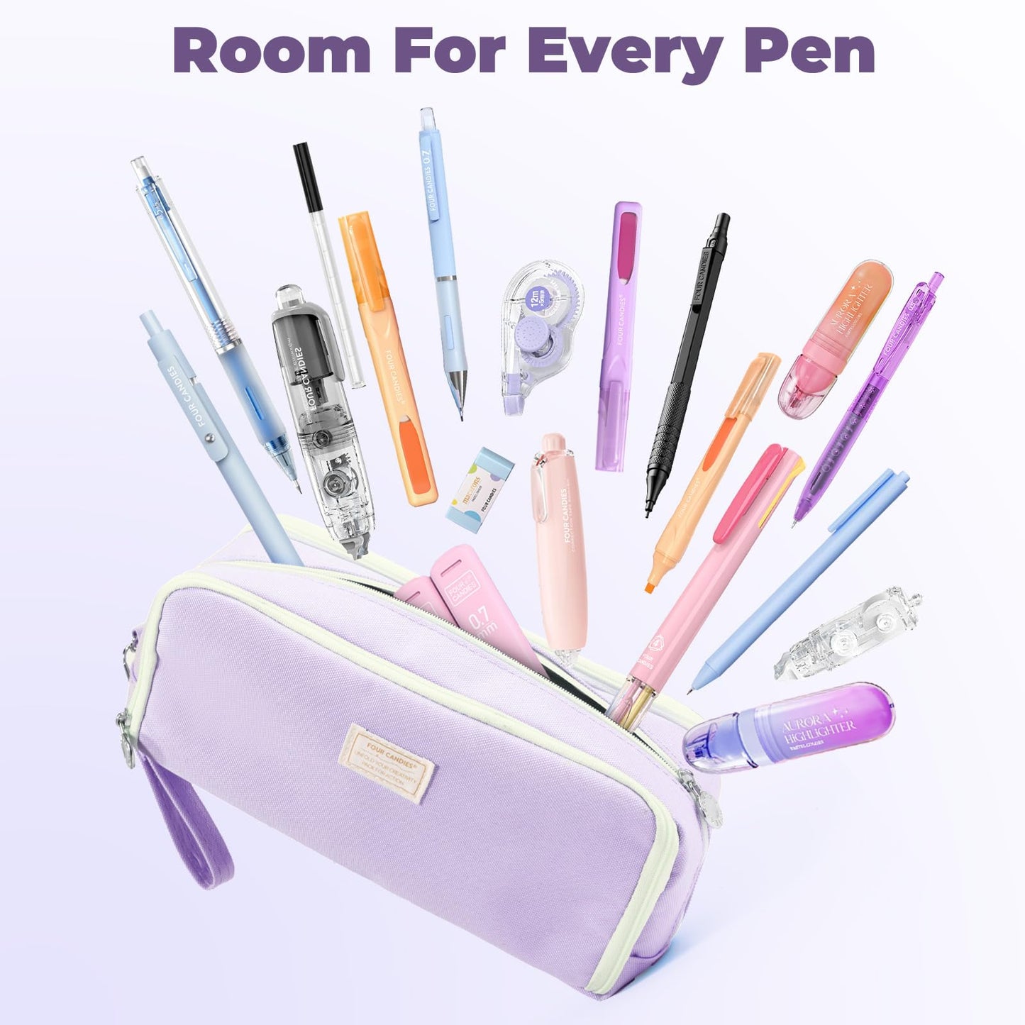 Four Candies Puple Pencil Case 3 Compartment Pouch, Large Pencil Case for School, Girls, Teen Boys, Women, Puple, Removable Handle & Zipper, Cute Pencil Bag for Office, College