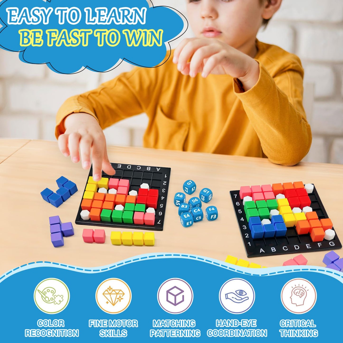STEM Puzzle Game The Brain Square 2.0 with 10,000,000+ Solutions Pattern Matching Blocks Brain Teaser Toy Roll Dice & Race Your Opponent to Fill Grid for Kids 5+ Back to School Birthday Gift(Hard)