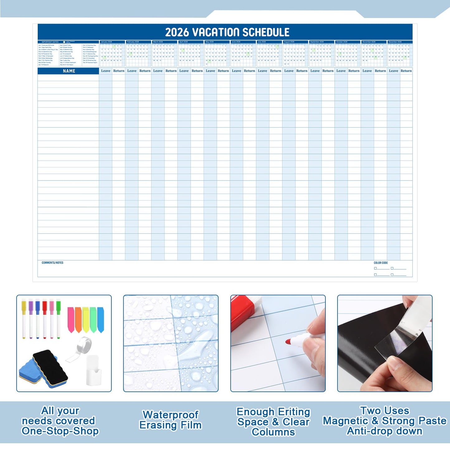 Lincia Large Magnetic 2026 Full Yearly Vacation Board Schedule Dry Erase Wall Planner Calendar Reusable Project Office Whiteboard 24" x 36" Vacation Calendar for Management, Planning, Organizing