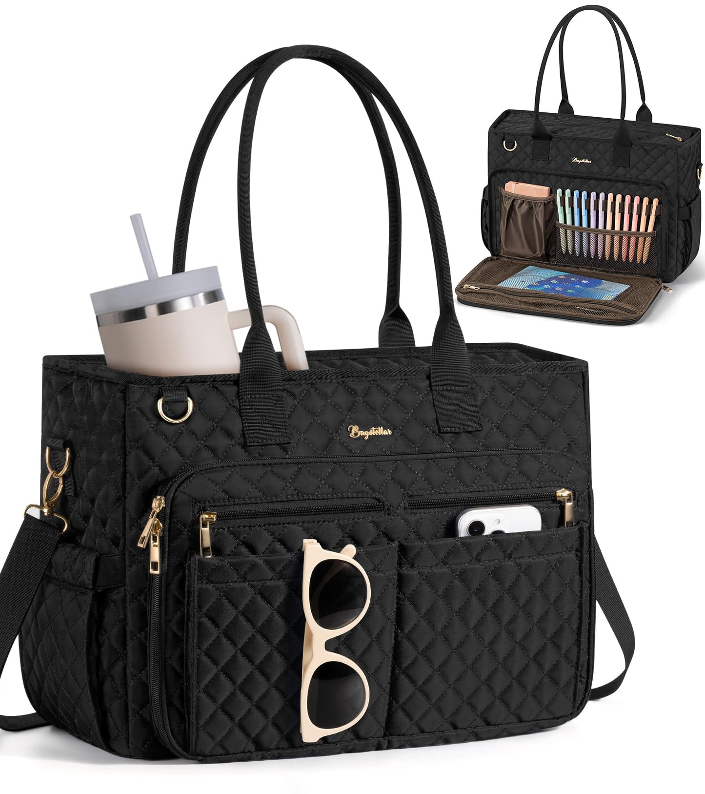 Teacher Tote Bags for Women, 15.6 inch Laptop Work Tote Nurse Bible Bag With Large Cup Holder & Insulated Pocket Quilted Shoulder Handbag Laptop Briefcase for Work, Daily, School, Travel, Gifts