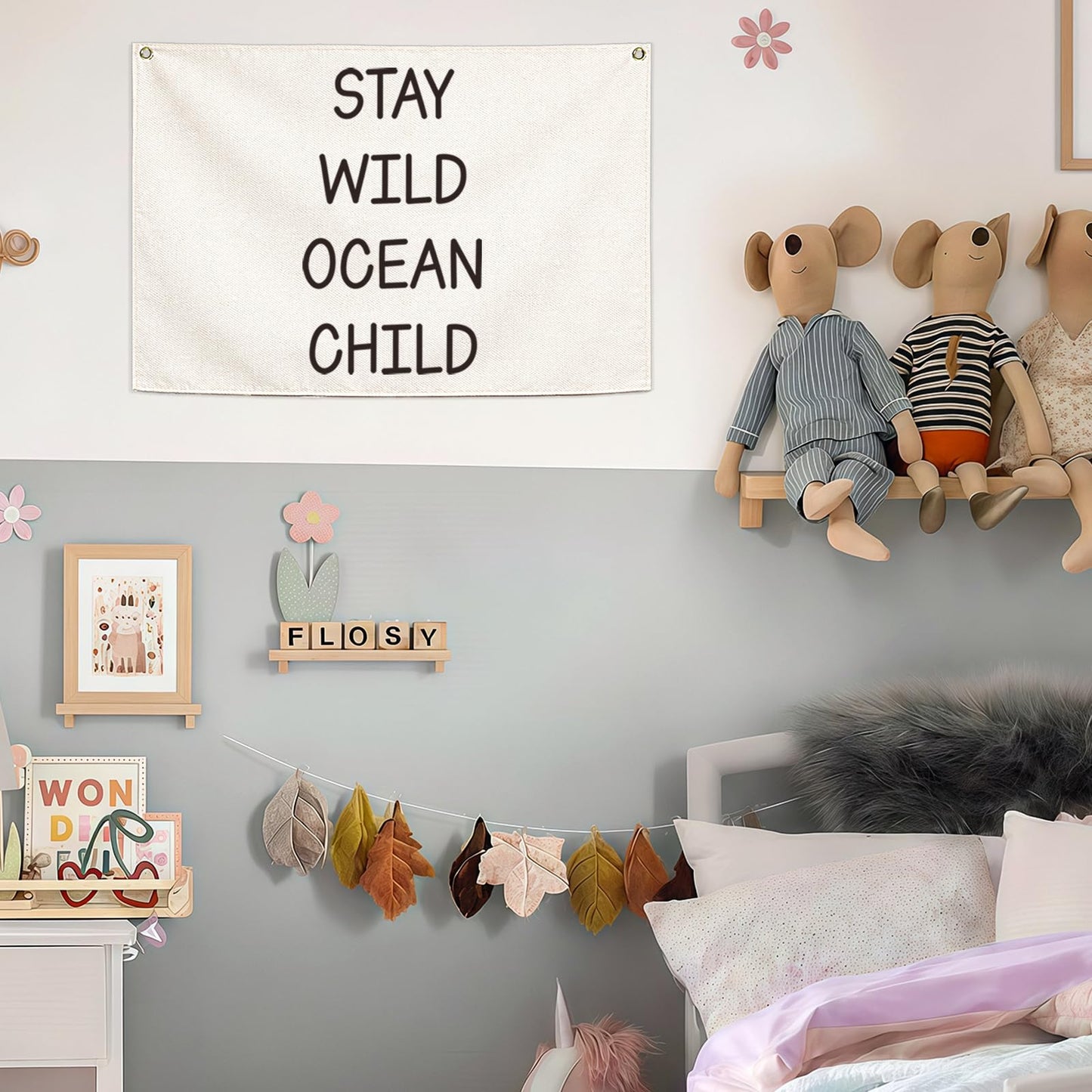 Nursery Canvas Banner Wall Decor-Hanging Rectangular Poster Flag Sign Art for Baby Kids Newborn Nephew,Bedroom Playroom Babyroom Door Decor,Stay Wild Ocean Child Quote,Christmas Gift 28.5"L x 20"W