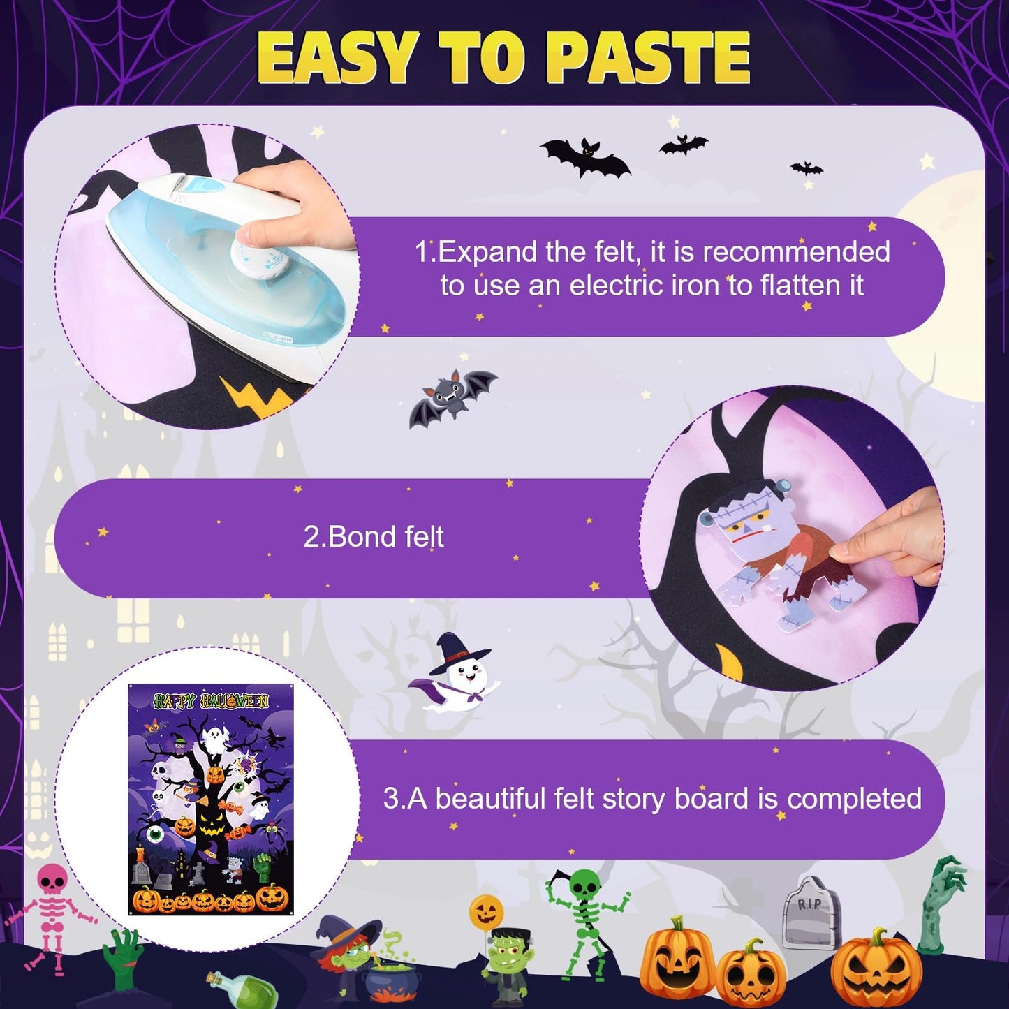 MiniInflat Halloween Felt Board 3.4FT 36 Pcs Happy Halloween Felt Story Board Dead Tree DIY Craft Project Scary Pumpkin Ghost Hanging Ornament Decor Storytelling for Trick or Treat Gift (36, Tree)