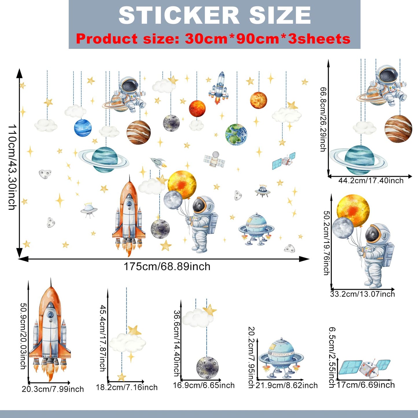Space Astronaut and Planet Wall Stickers 3 Sheets Watercolor Galaxy with Rocket Decals Self-Adhesive Peel and Stick for Kids Room Nursery