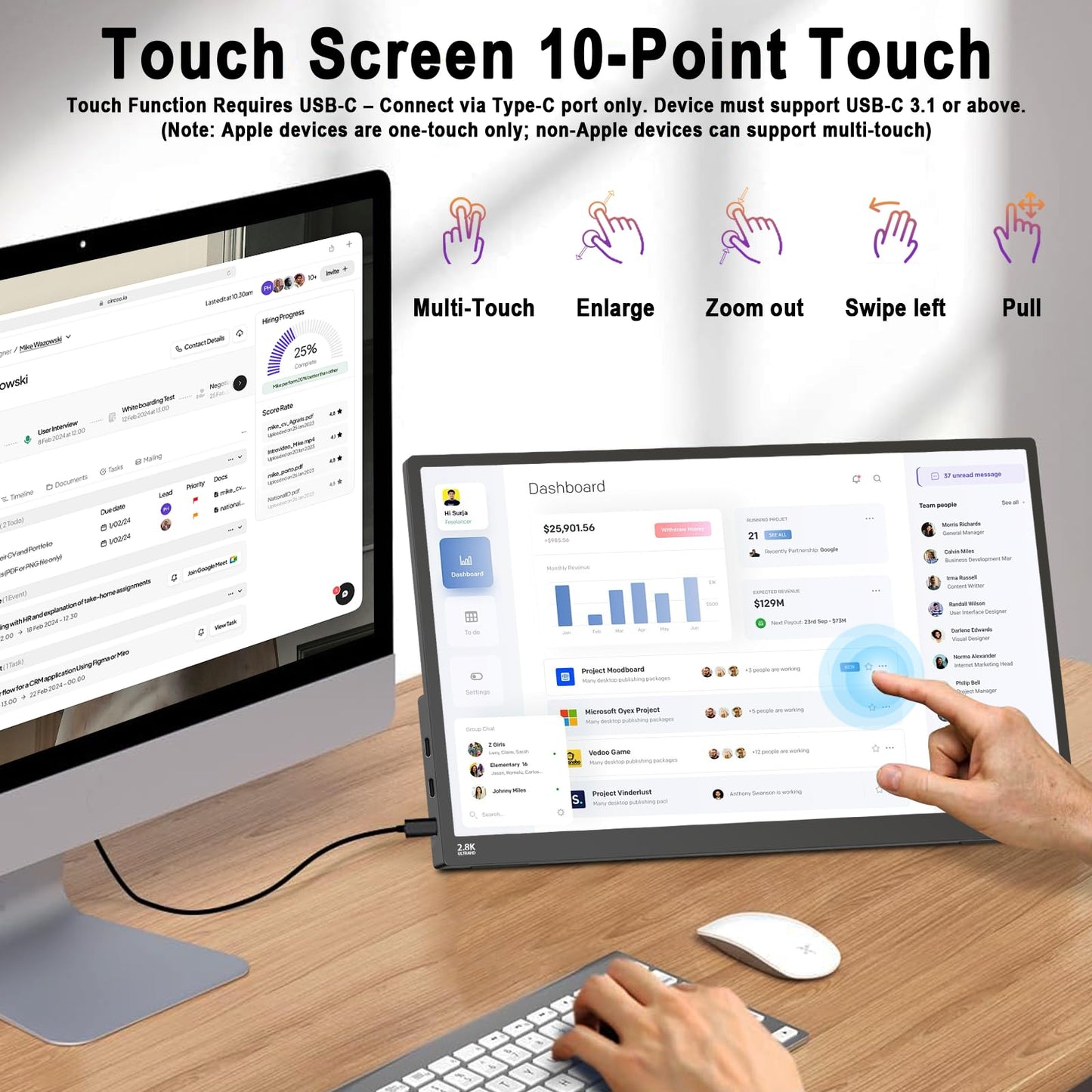IBW 15.6" 2.8K 100Hz Portable Monitor Touchscreen, QHD 2880x1620 IPS Gaming Display, 300 Nits 100% sRGB HDR FreeSync, USB-C HDMI External Second Screen for Laptop PC Phone Switch PS5