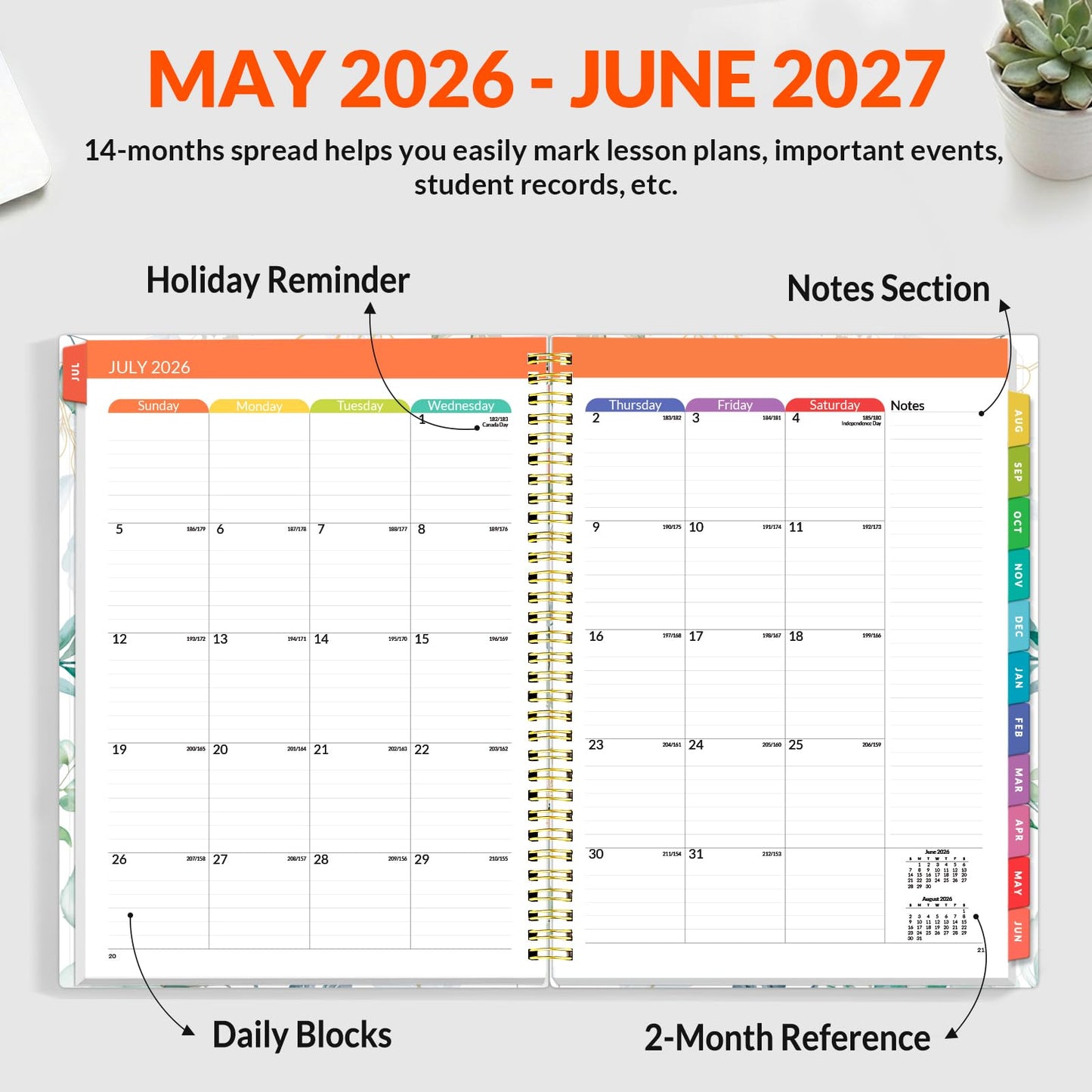 SUNEE Teacher Planner 2026-2027 Academic Year, Lite Lesson Planner Book with 7 Periods Jul 2026 - Jun 2027, 8.5"x11" Daily Weekly and Monthly Organizers, Plan Book with Pocket, Color Tabs, Full Leaf