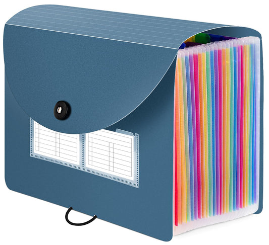Sooez 24 Pockets Expanding File Folder with Blank Labels, According File Organizer with Expandable Cover, Desktop Accordion Folders Letter A4 Paper Document Storage Organizer, Blue