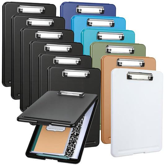 Ireer 12 Pcs Plastic Clipboard with Storage Heavy Duty Portable Writing Boards for 150 Sheet A4 Paper with Pen Holder Large Capacity Clipboards for Nurse Teacher Student Classroom Office (Deep Color)