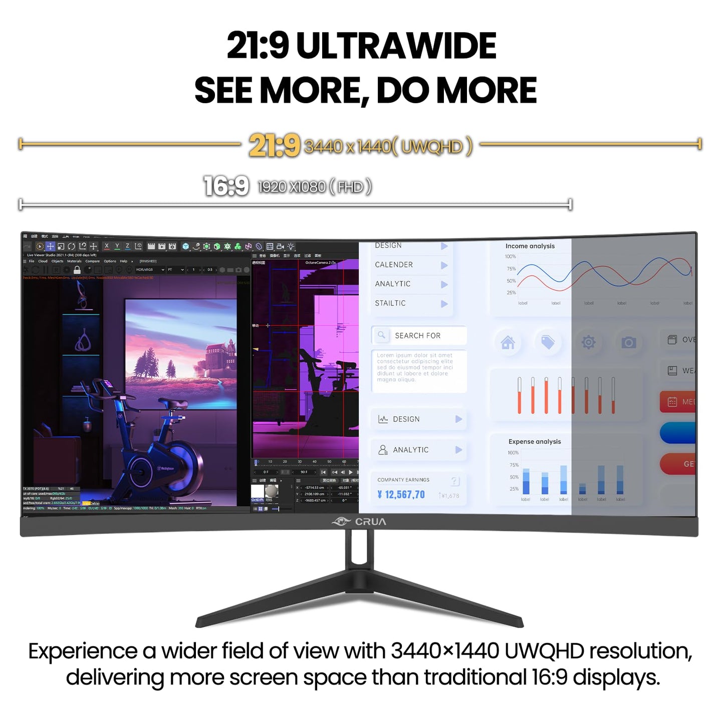 CRUA 34" Ultrawide Curved Monitor, 21:9 UWQHD 3440x1440 100Hz 3800R IPS Computer Monitors with Built-in Speakers, FreeSync, 120% sRGB, 92% DCI-P3, Blue Light Filter, HDMI 2.0 & DP 1.4, Wall Mountable