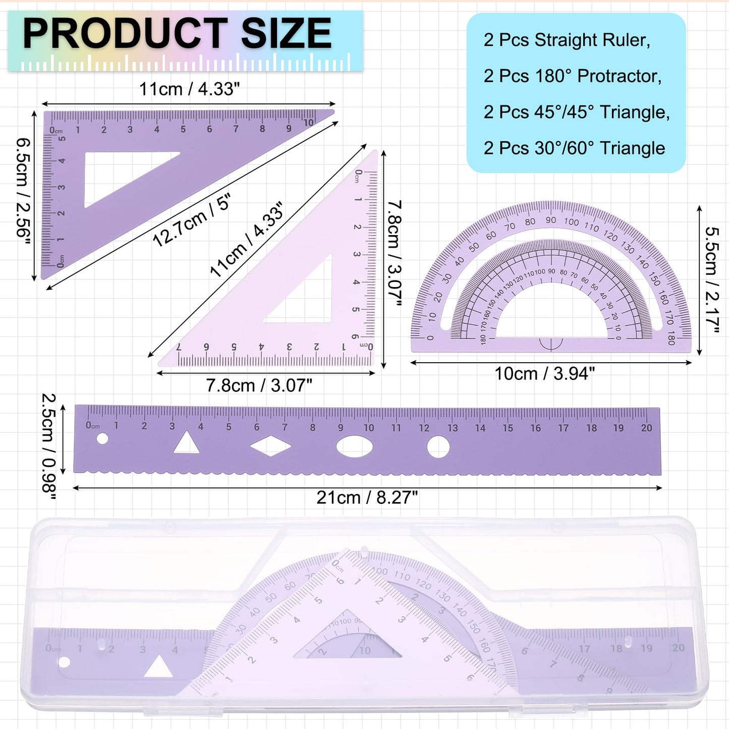PATIKIL Geometry Set, 2 Pack 8 Inch Aluminum Ruler & 4 Triangles, Metal Protractor Ruler Math Drafting Measuring Tool for Home Office Math Drawing Engineering Art,Gradient Purple