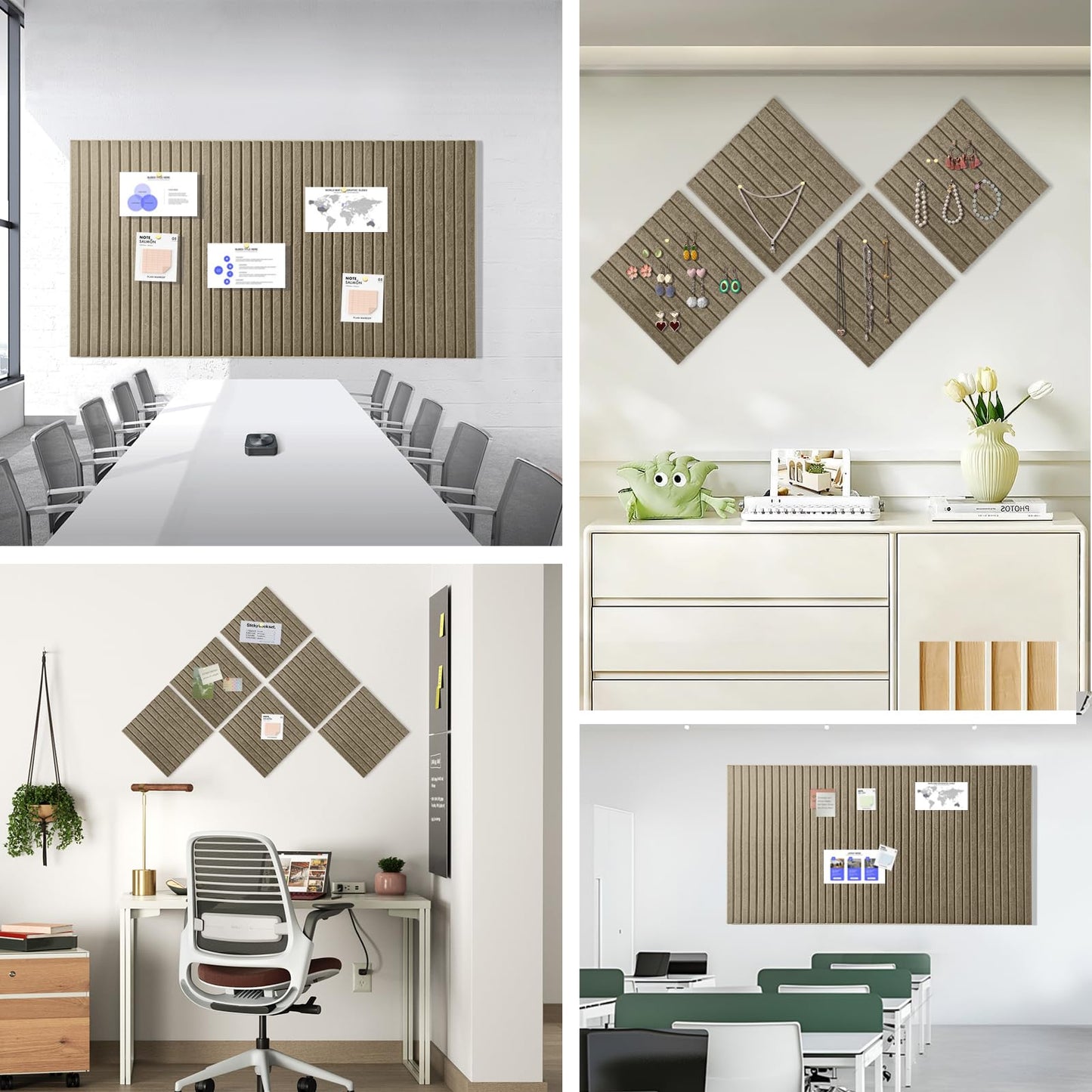 Large Cork Board for Office, 8 Pack Felt Wall Tiles with Slat Wall Paneling and Safe Removable Adhesive Tabs, Felt Bulletin Board Pin Board Cork Boards for Walls - Light Brown