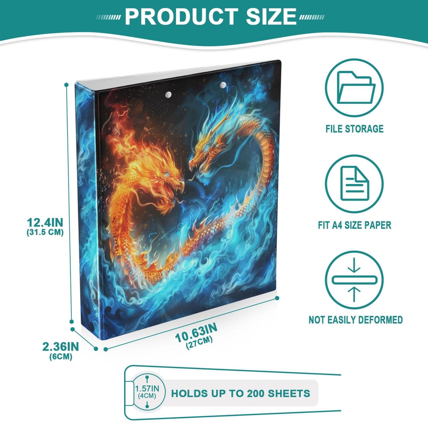 Dragon Round Ring Binders 1.5 Inch Dinosaur Ice Fire Legend Galaxy Stars Red Green Demon Evil 3 Ring Clipboard Binder for Office School Work Supplies File Folder 200 Sheet Capacity Easy Open