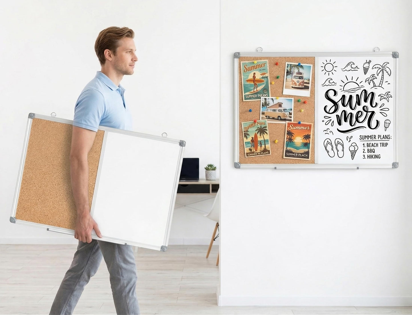 DexBoard Cork Board and Whiteboard Combination, 24" x 18" Bulletin & Magnetic Dry Erase Board for Wall, Vision Board for Home, Office, School, Silver Aluminum Frame