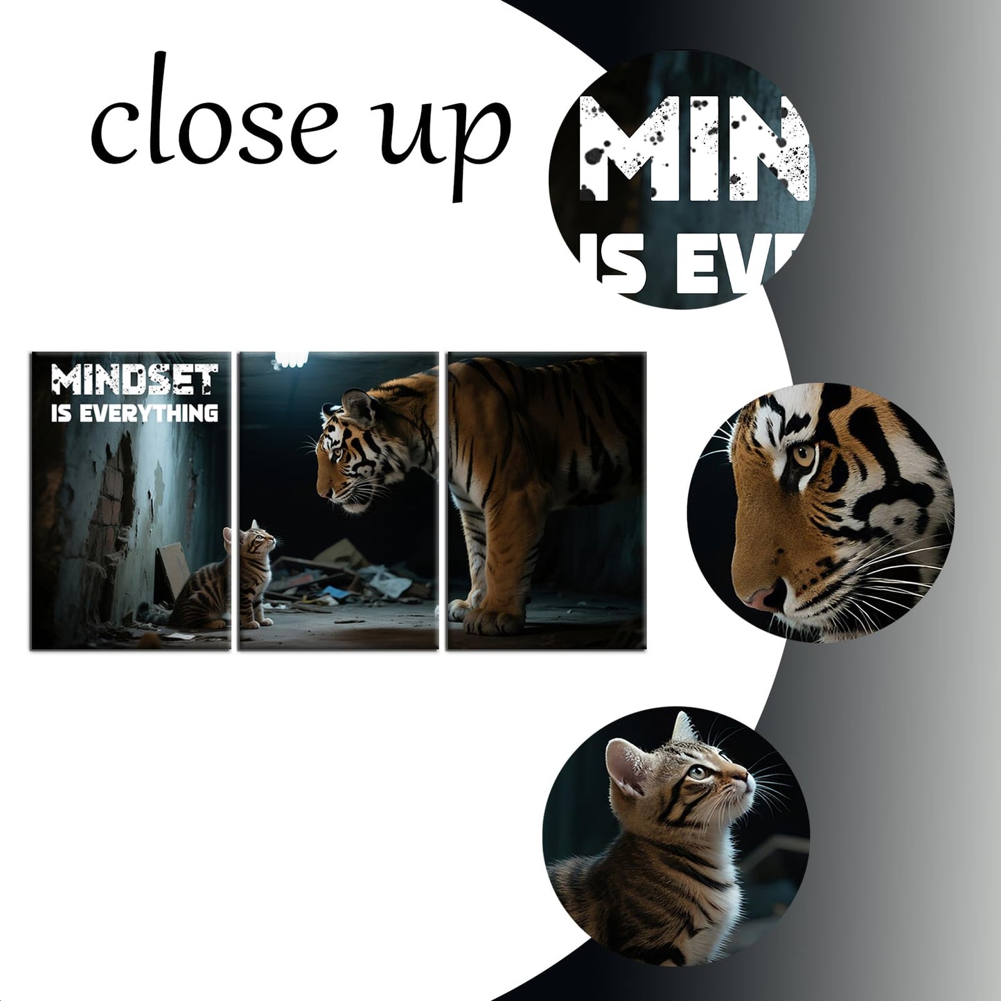 YSPCSUN Inspirational Canvas Wall Art Mindset Is Everything Motivational Office Decor Cat Thinking Like Tiger Success Pictures Framed Large Business Entrepreneur Wall Painting, 48x24 Inch