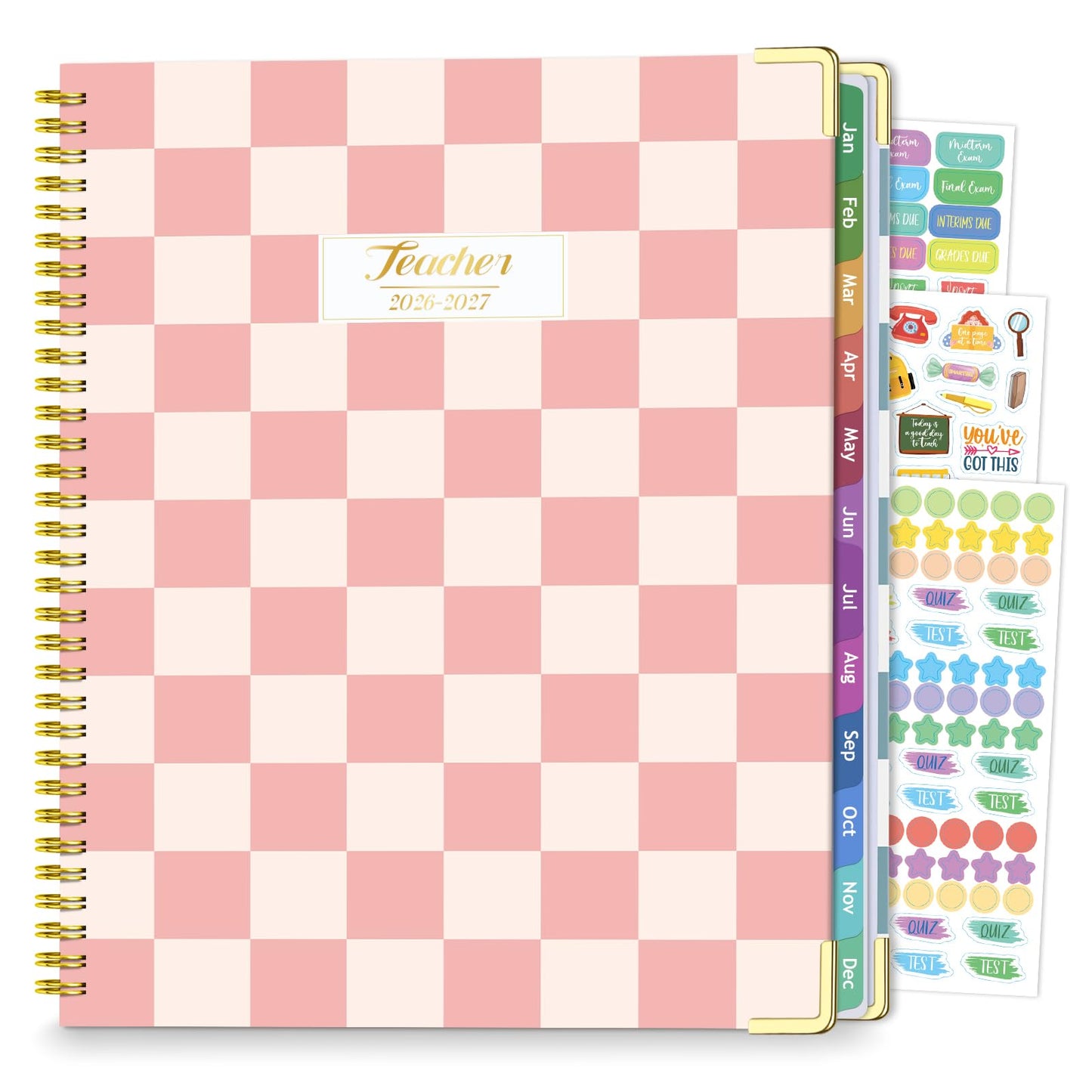 Teacher Planner 2026-2027, Jul 2026-Jun 2027 Academic Year, 8.5" x 11" Lesson Planner Book for Teacher Calendar, Spiral Bound Planners, Colorful Monthly Tabs, Planning Stickers, PinkCheckered