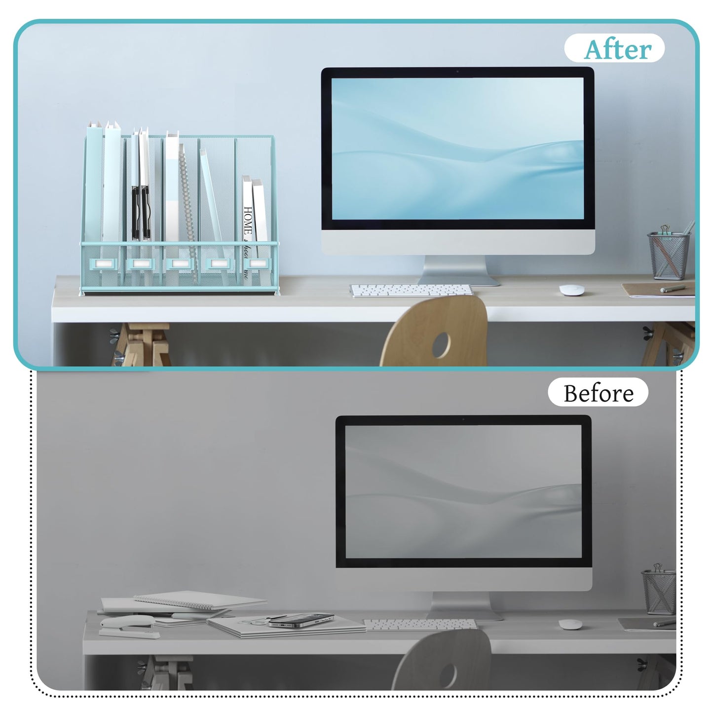 SUPEASY Desk Organizers Metal Desk Magazine File Holder with 5 Vertical Compartments Rack File Organizer for Office Desktop, Classroom, Home Workspace, Blue