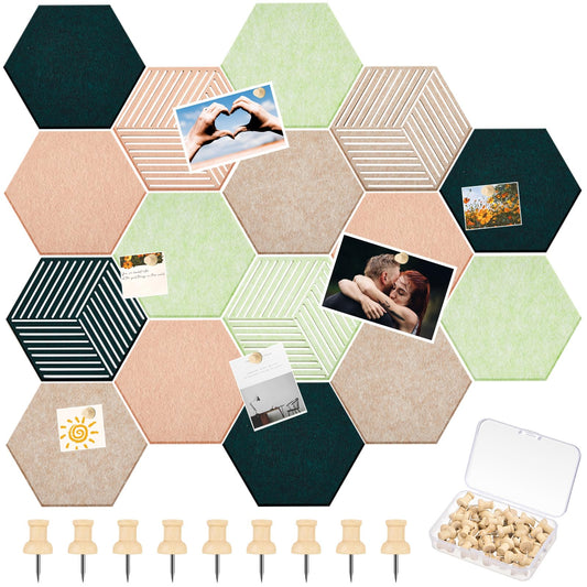 Mindsoft 16 Pcs Hexagon Cork Boards Tiles for Walls Decor 7 x 6 Inch Cork Bulletin Board Tiles with 50 Pins, Pin Board for Office Home for Office & Home for Notes Photos and DIY Classroom Decor