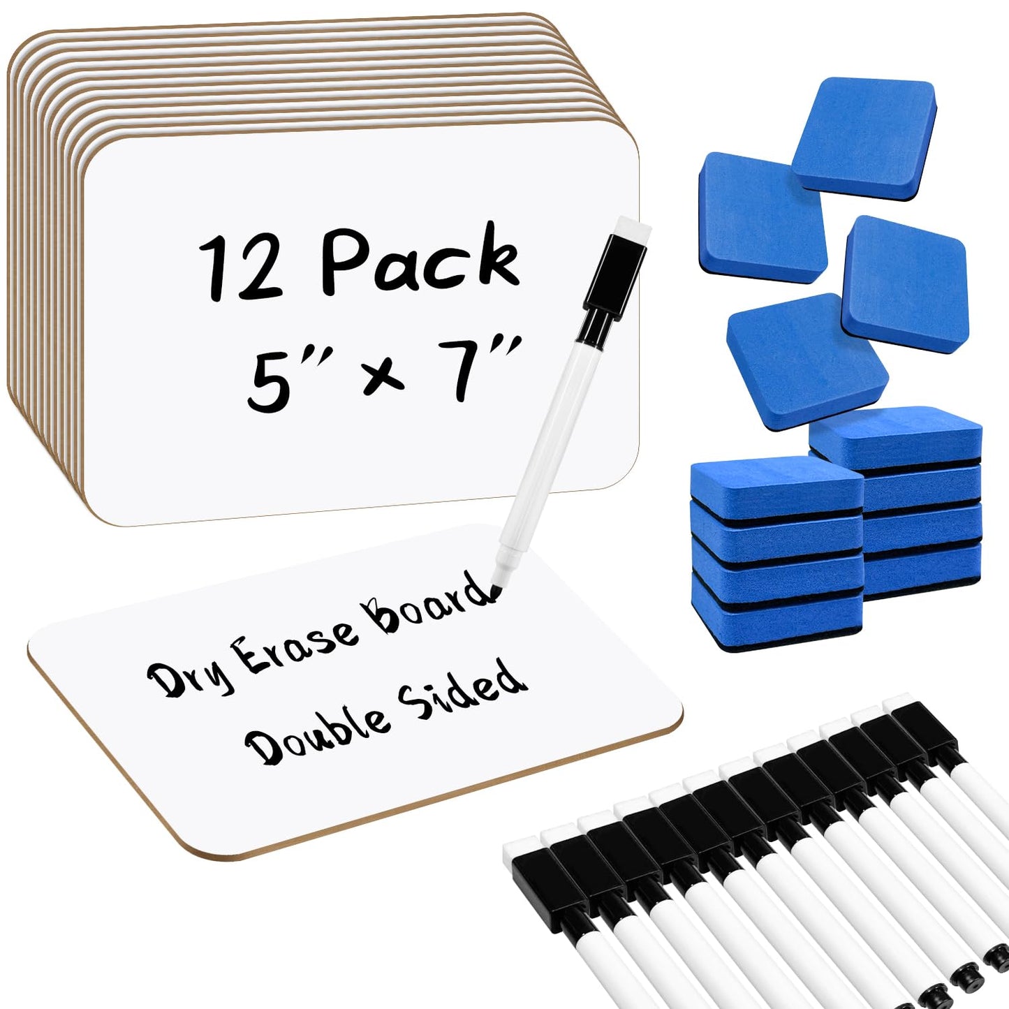 12-Pack Dry Erase Boards 5" x 7" Double-Sided Mini Whiteboard Set – Includes Markers & Erasers – Perfect for Students, Teachers, and Classroom Use