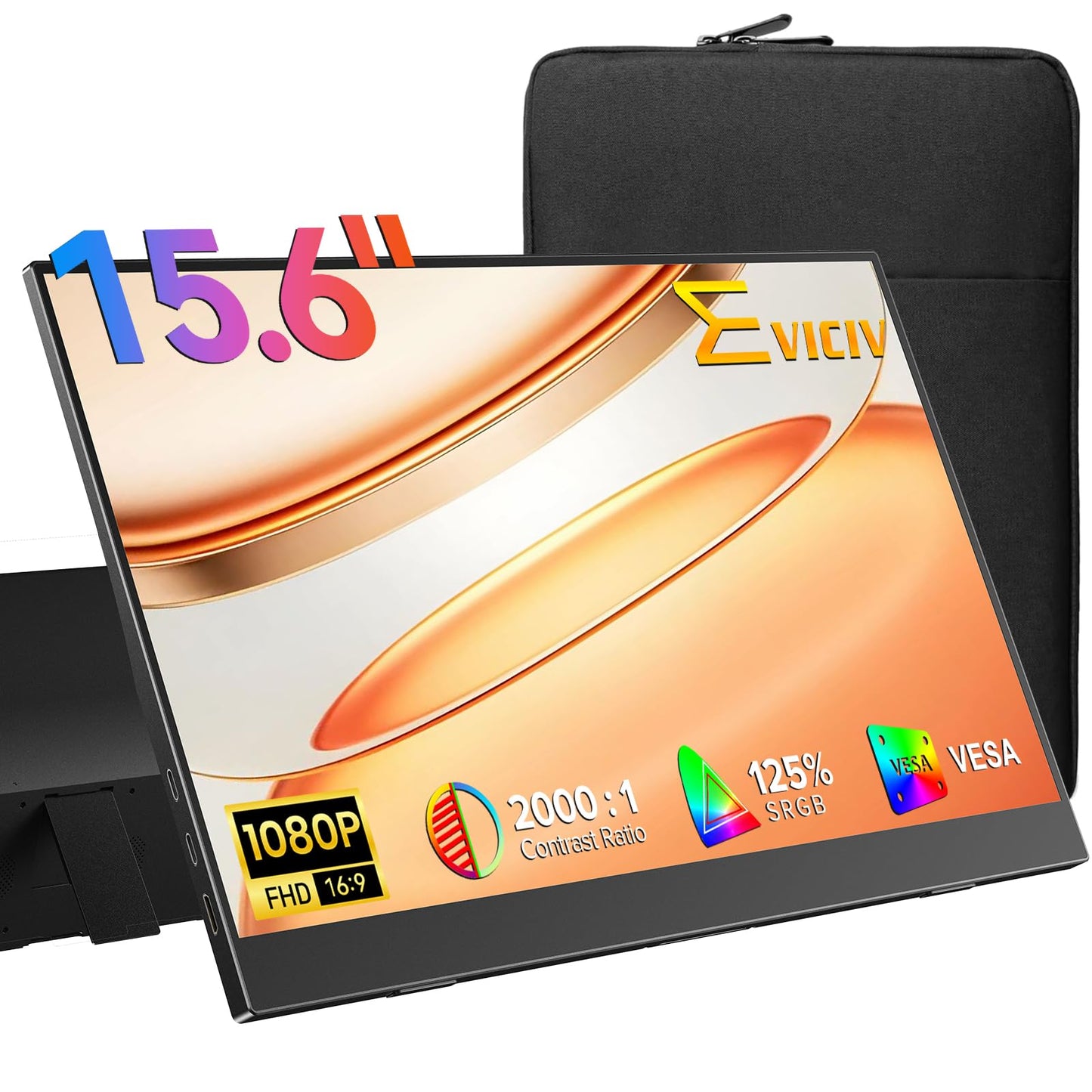 EVICIV Portable Monitor 15.6", 125% sRGB 1080P Laptop Monitor, 350 Nits, 2000:1 Contrast Ultra-Slim Display, USB-C & MINI HDMI, VESA & Case, Travel Second Screen for Computer, Mini PC, Game Consoles