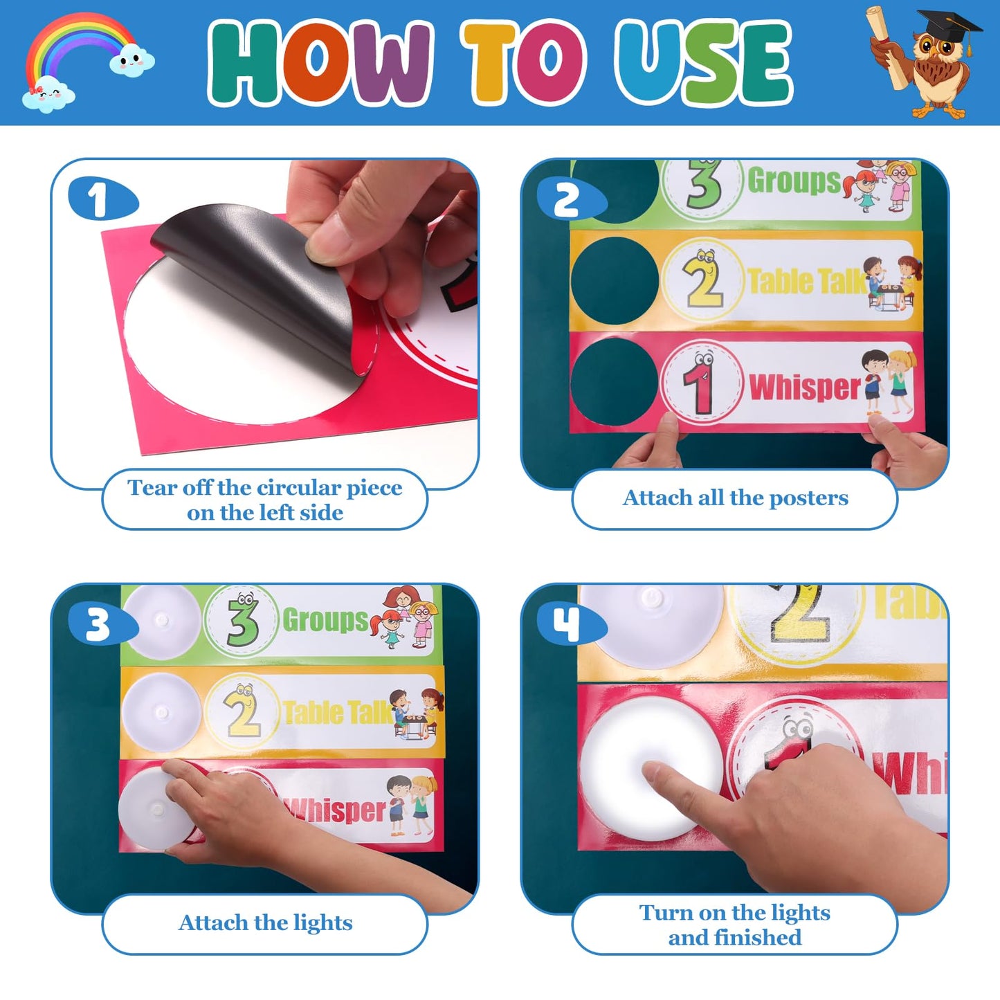 LED Push Lights Voice Level Chart for Classroom – 5 Pcs Magnetic Noise Monitor Poster, Battery Operated Teaching Essentials