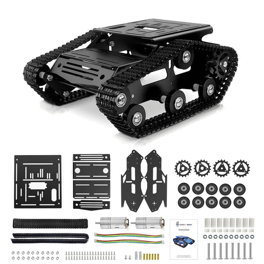 Tank Car Chassis with Motor, Shock Absorbing Robot Chassis Full-Metal Robotic Moving Platform Track Chassis for RaspberryPi Arduino DIY Maker Smart Robot Car Chassis Kit (Black, With Encoder motor)