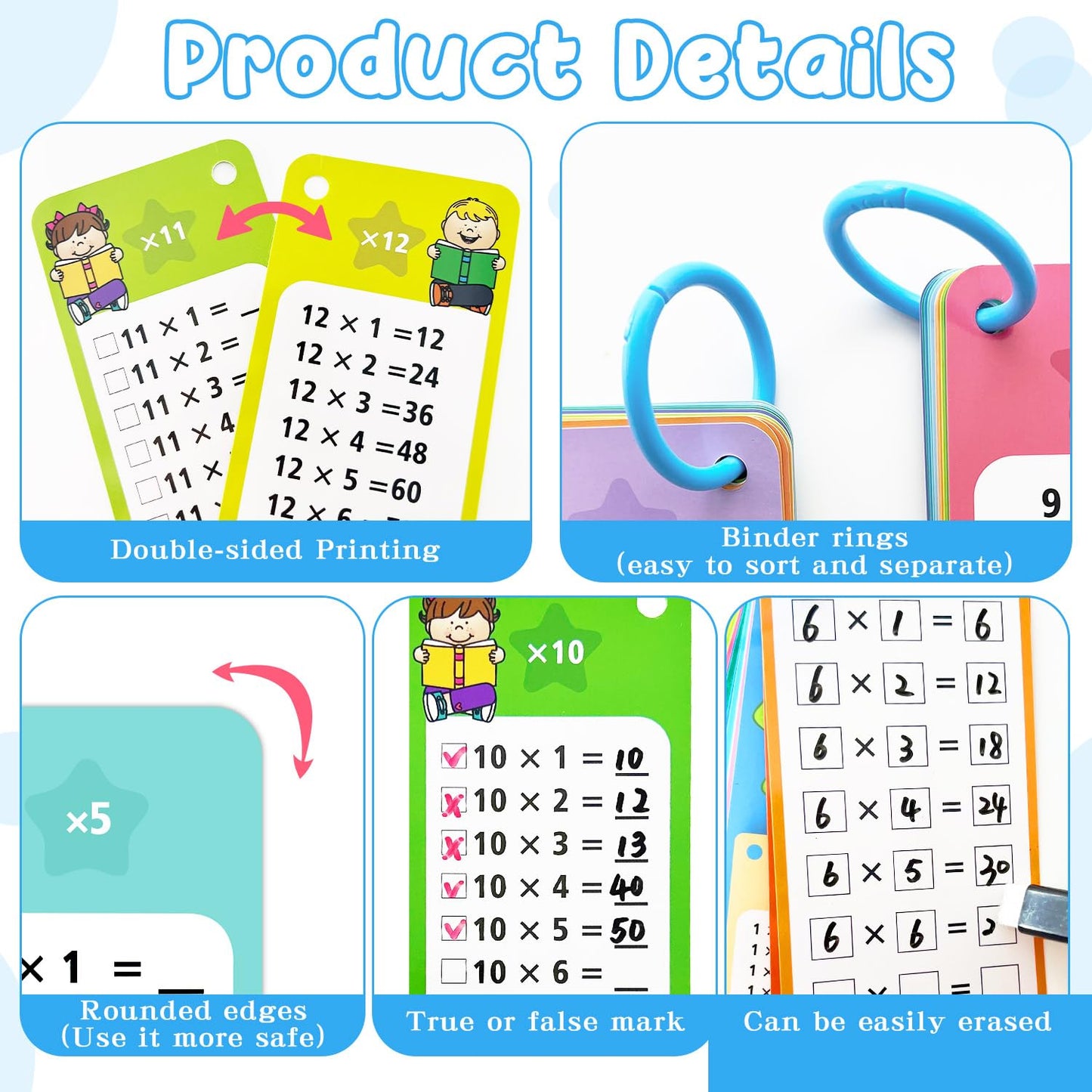 Anemeeoke 30Pack Multi Math Flash Cards, Multiplication Division Flashcard, with 2 Dry Erase Markers, 2 Rings, Educational Times Table Flashcards for Classroom Home