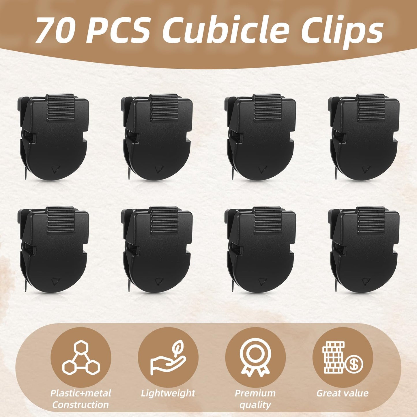 xozeooeu 70 Pcs Cubicle Clips for Fabric Walls, Black Plastic Office Partition Panel Clips with Stainless Steel Pins for Notes, Photos, and Memos (1.38” x 0.98”)