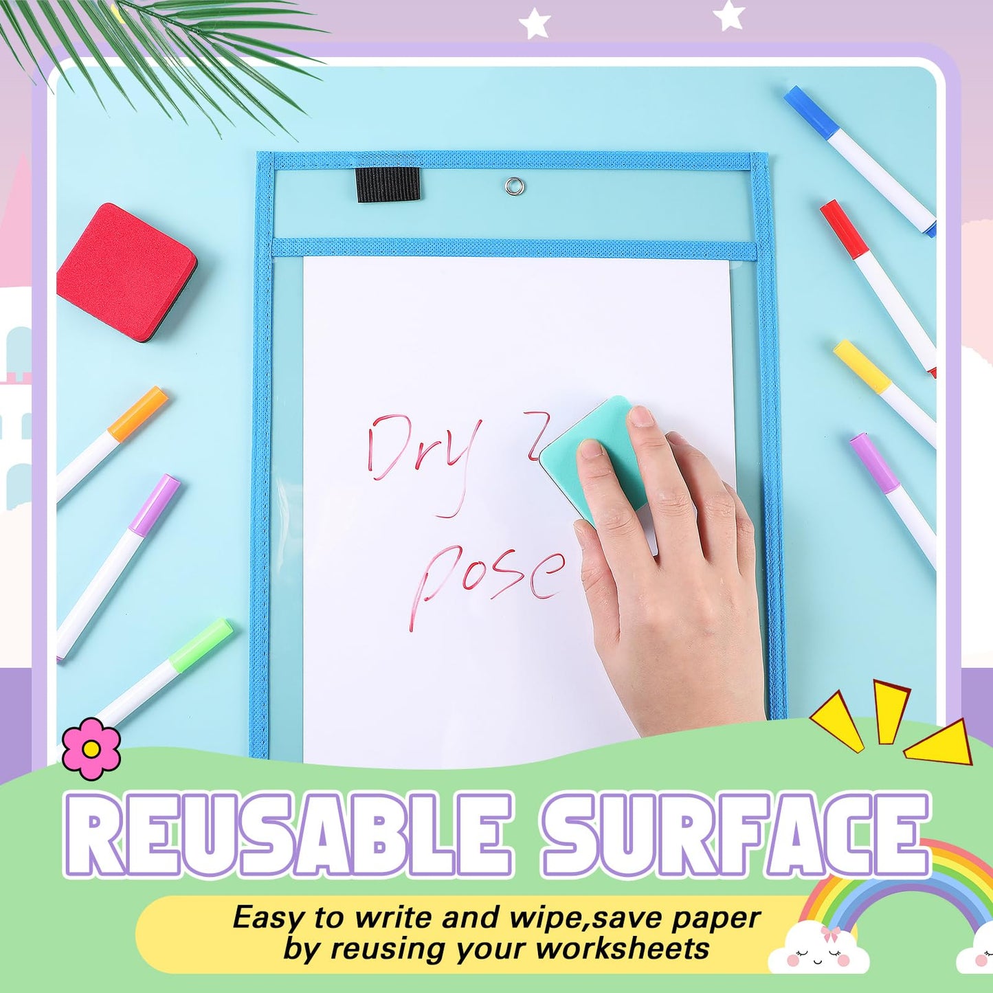 24 Pcs Dry Erase Pocket Reusable Sleeves 10" x 14" Clear Plastic Sheet Protectors with Markers and Mini Dry Erasers for Paper(Rainbow)