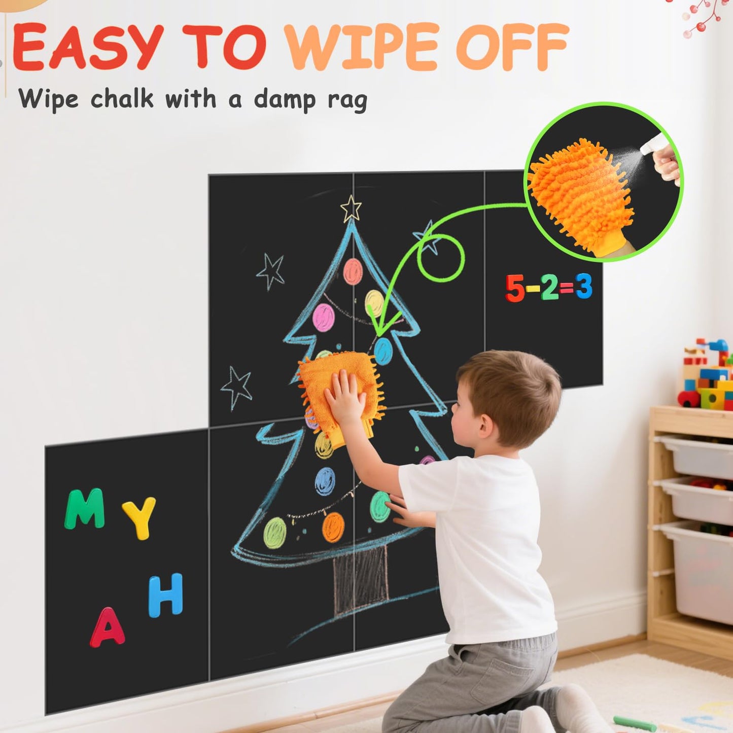 OMKSIH Magnetic Chalkboard Wall Decal Black Set of 6 Peel and Stick Magnet Sheets with Tangram Puzzle and Multiple Accessories Magnetic Chalkboard for Home Playroom and Classroom